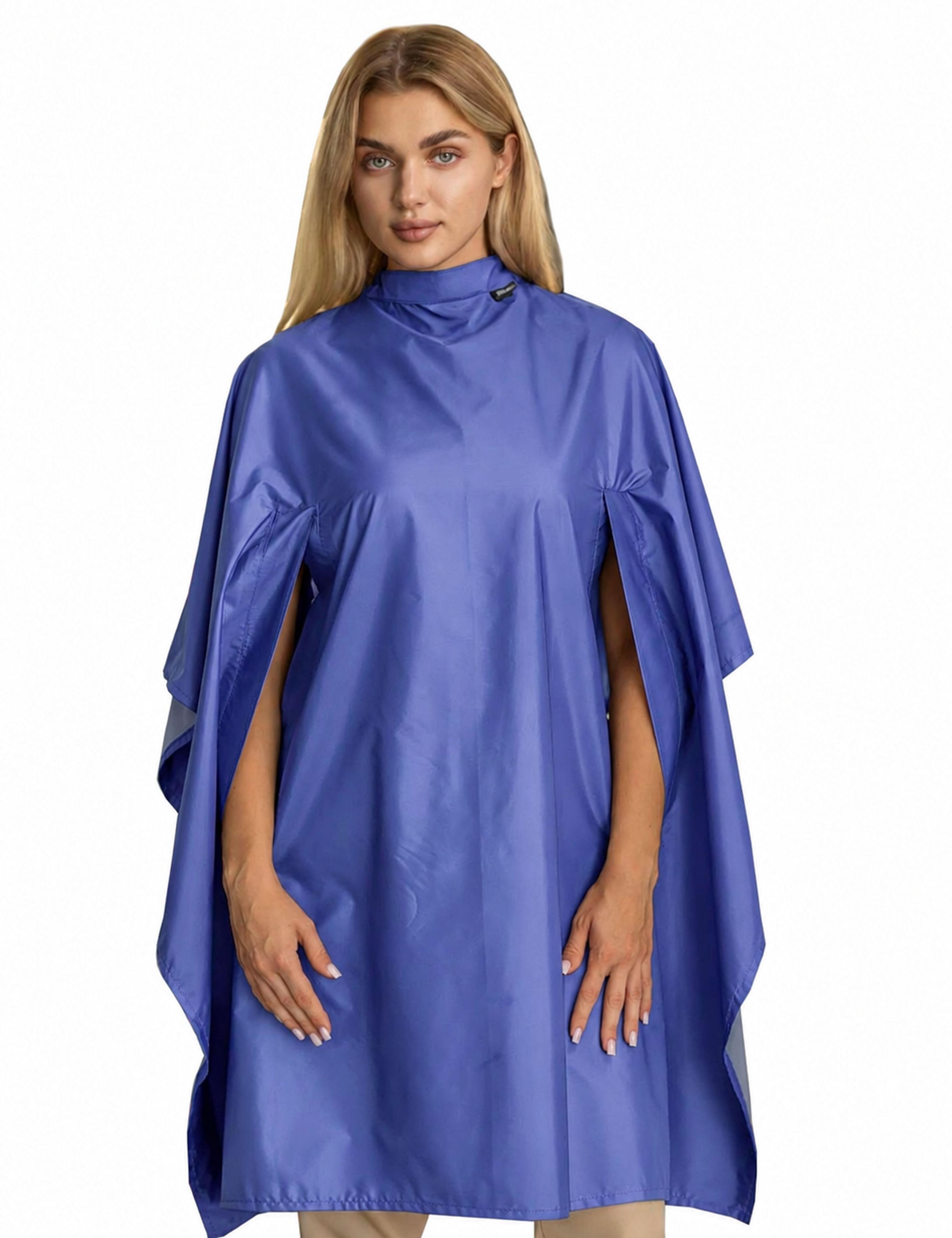 Denim blue salon cape with hand slits for hairstyling