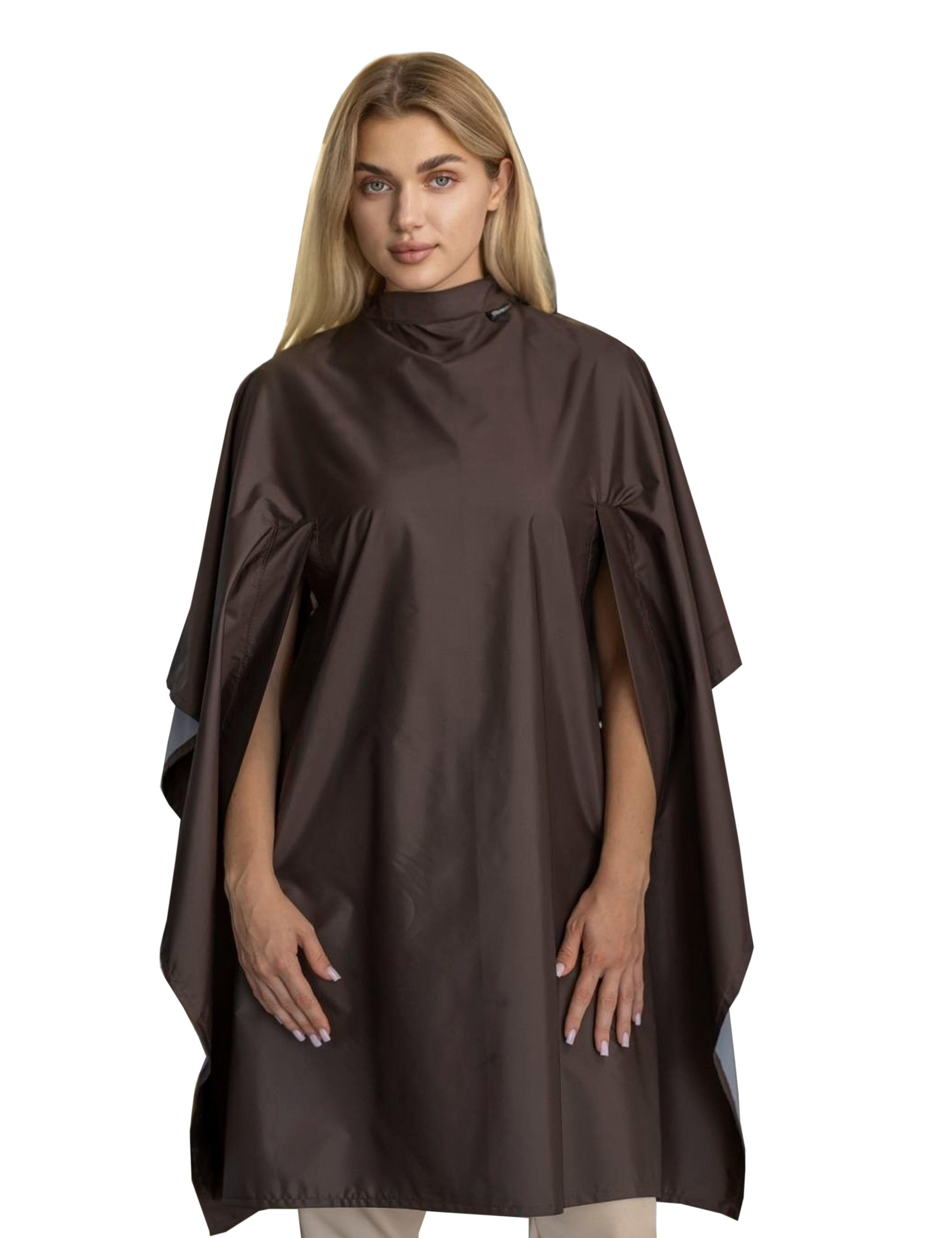 Stylish chocolate salon gown with slits for client hands