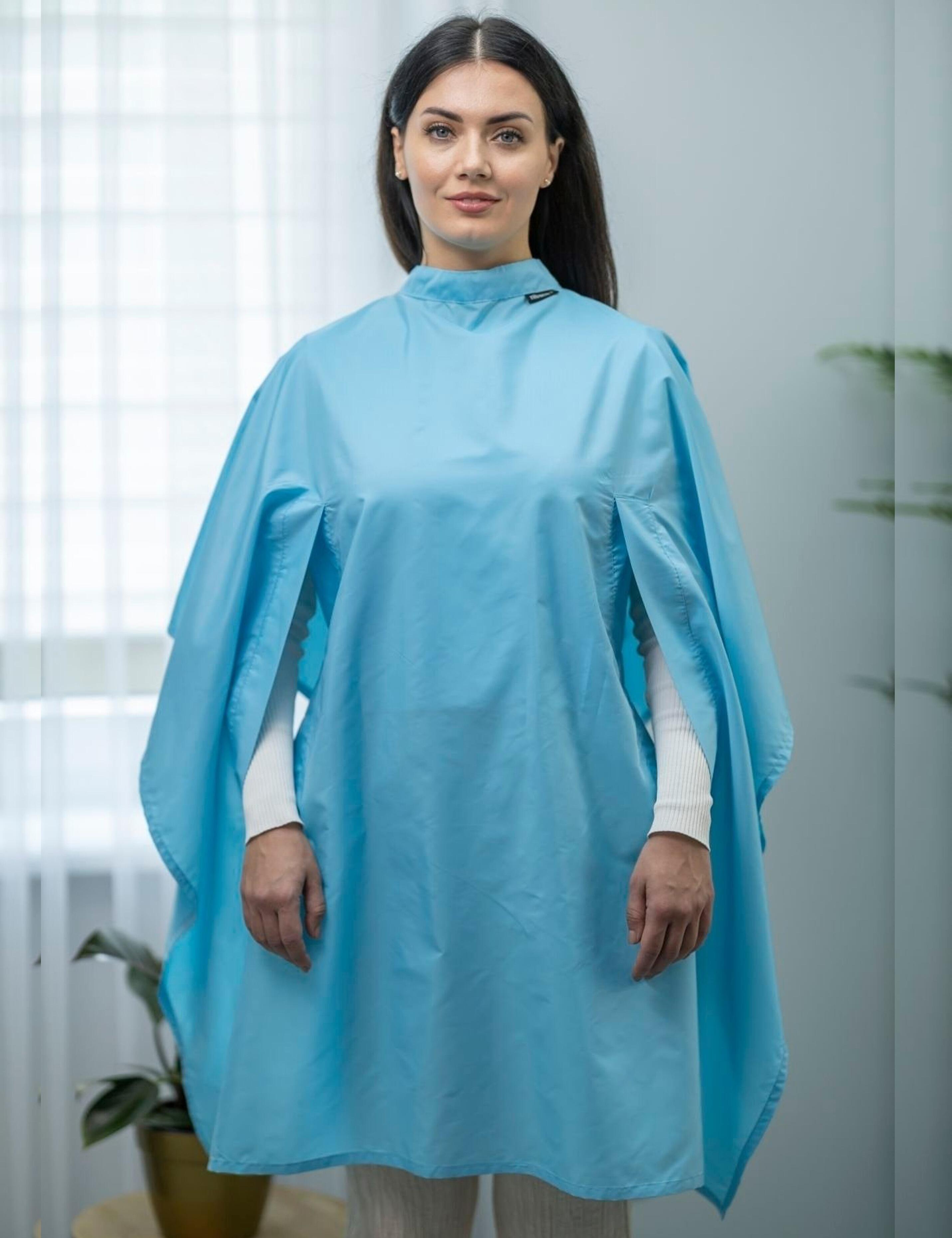 Premium aqua blue salon cape with hand slits made in USA