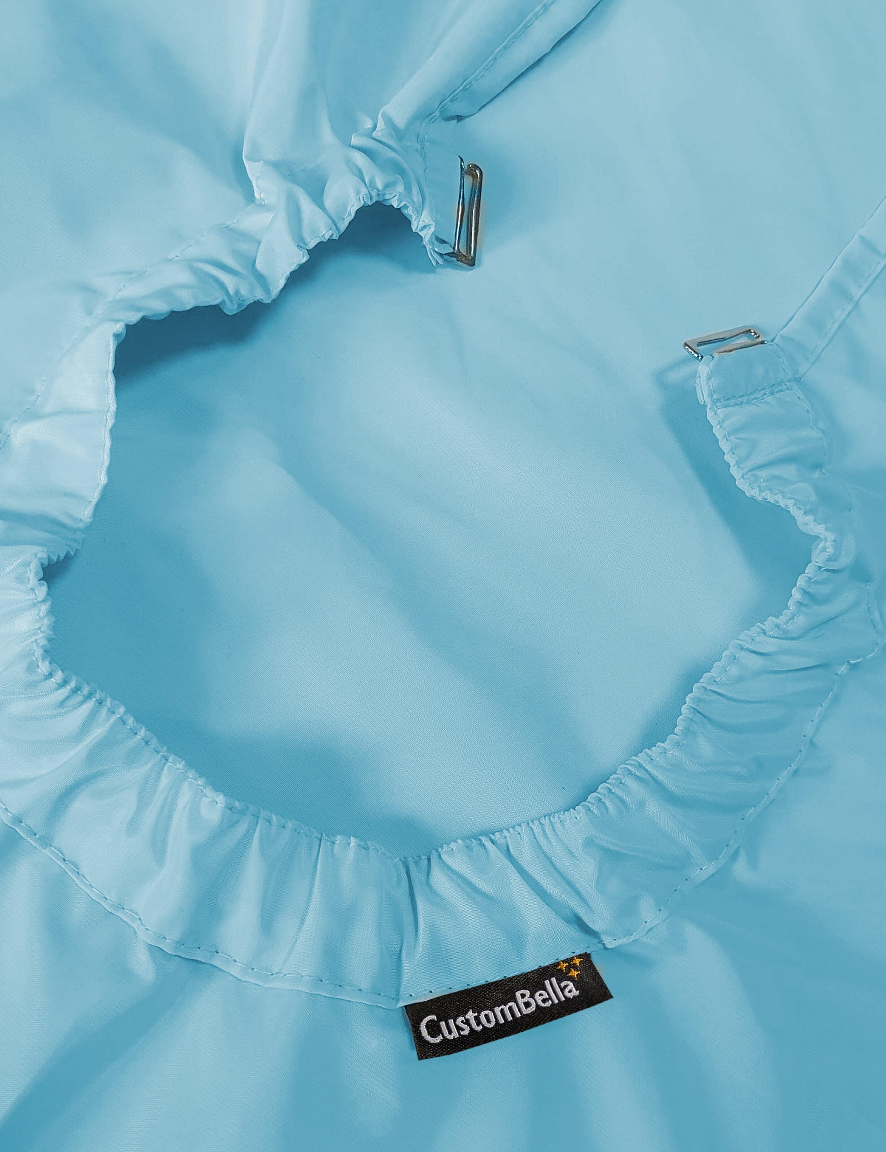 Aqua blue salon cape with hand slits and secure clip closure