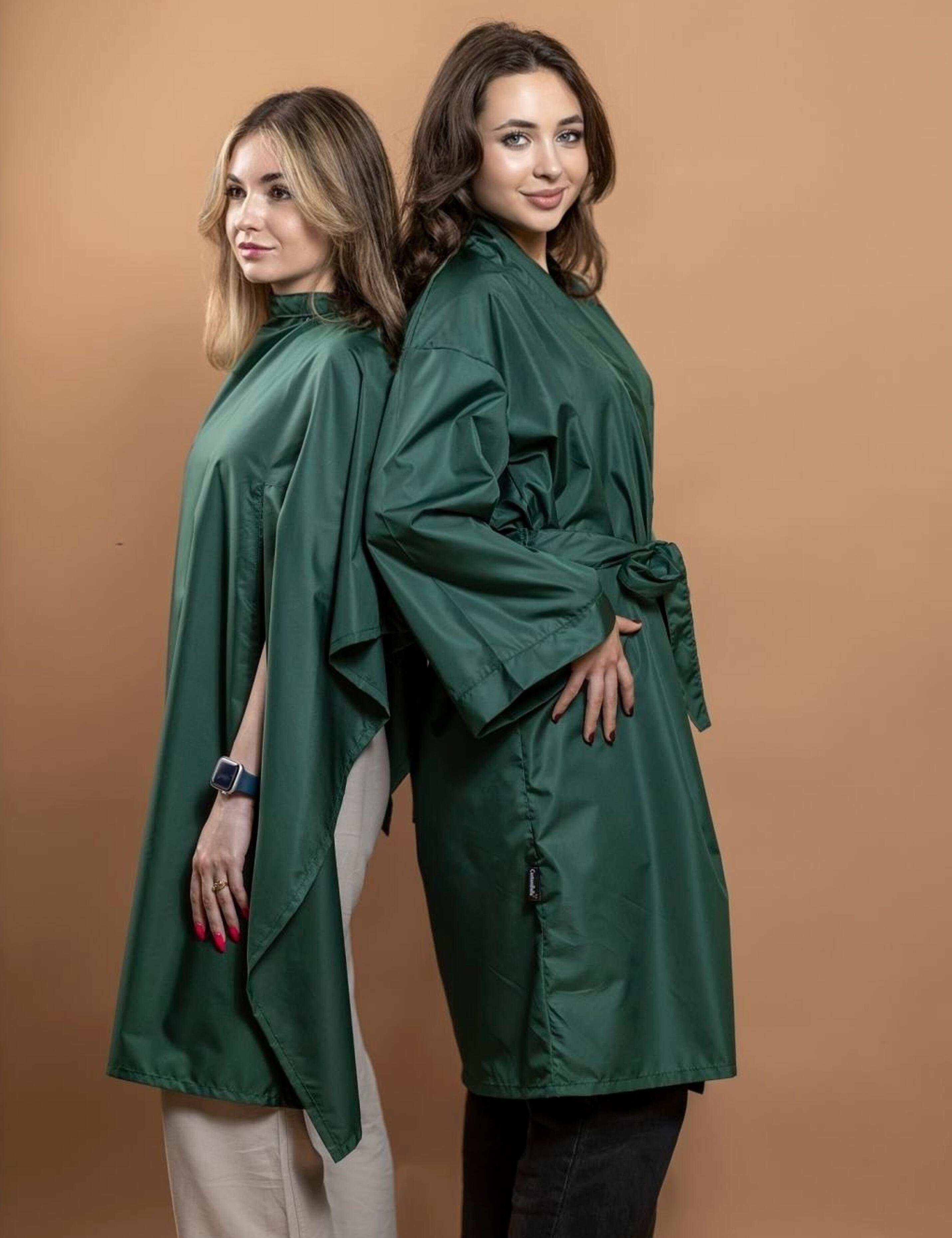 Matching salon apparel set featuring premium kimono robe and cutting cape with sleeves