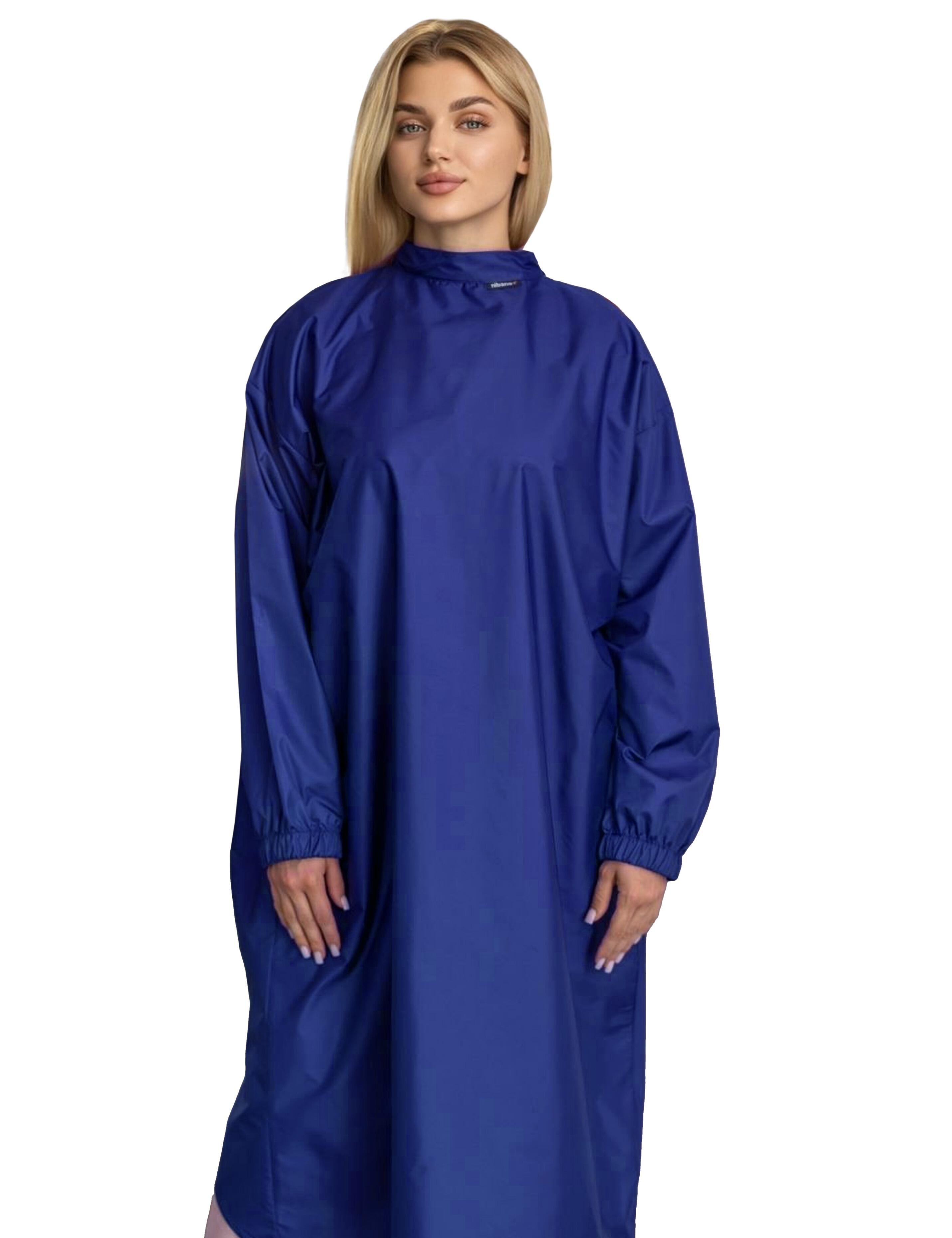 Premium royal blue barber cape with sleeves tailored for elite American grooming and hair styling
