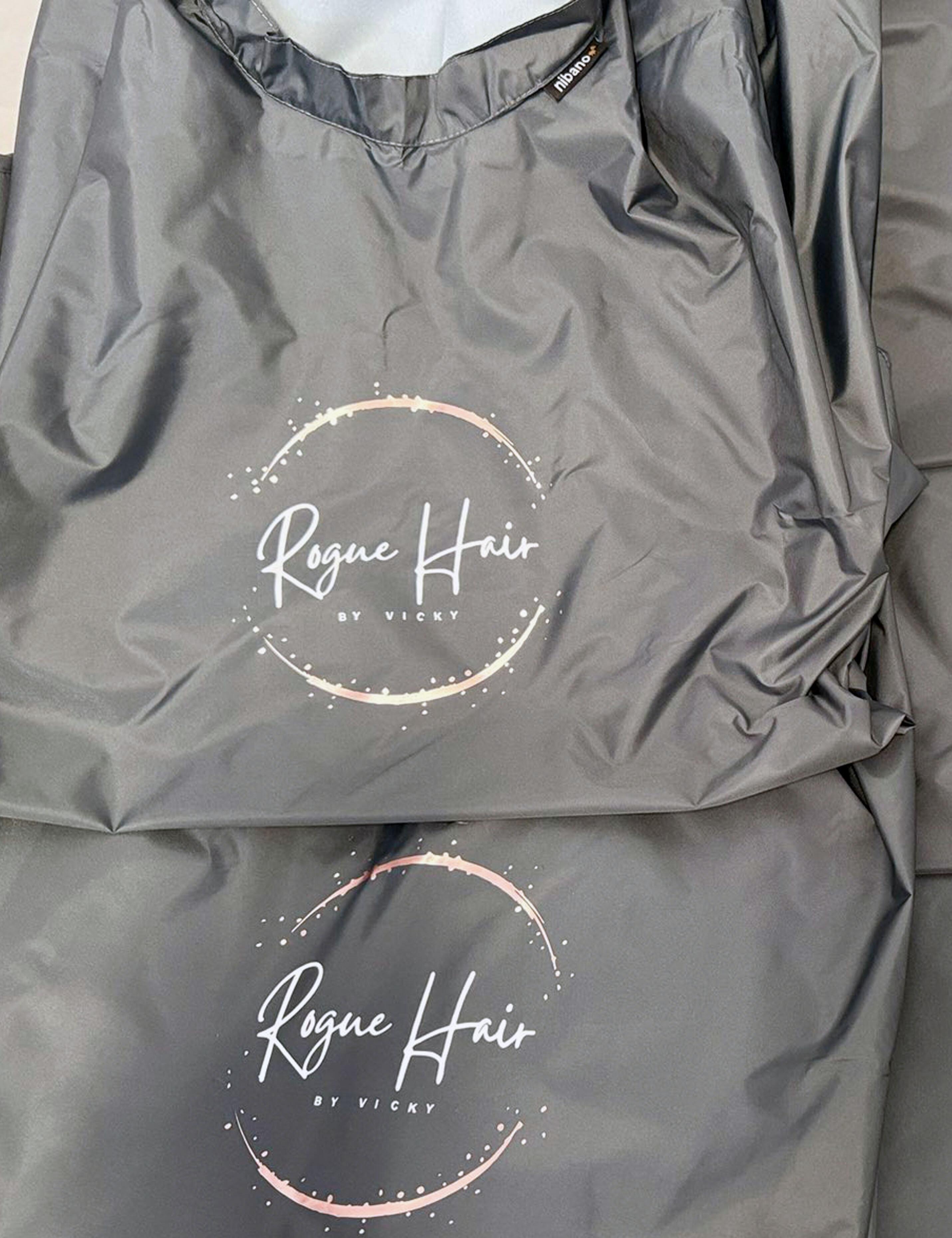 ustom printed dark grey barber cape with branded logo for USA businesses