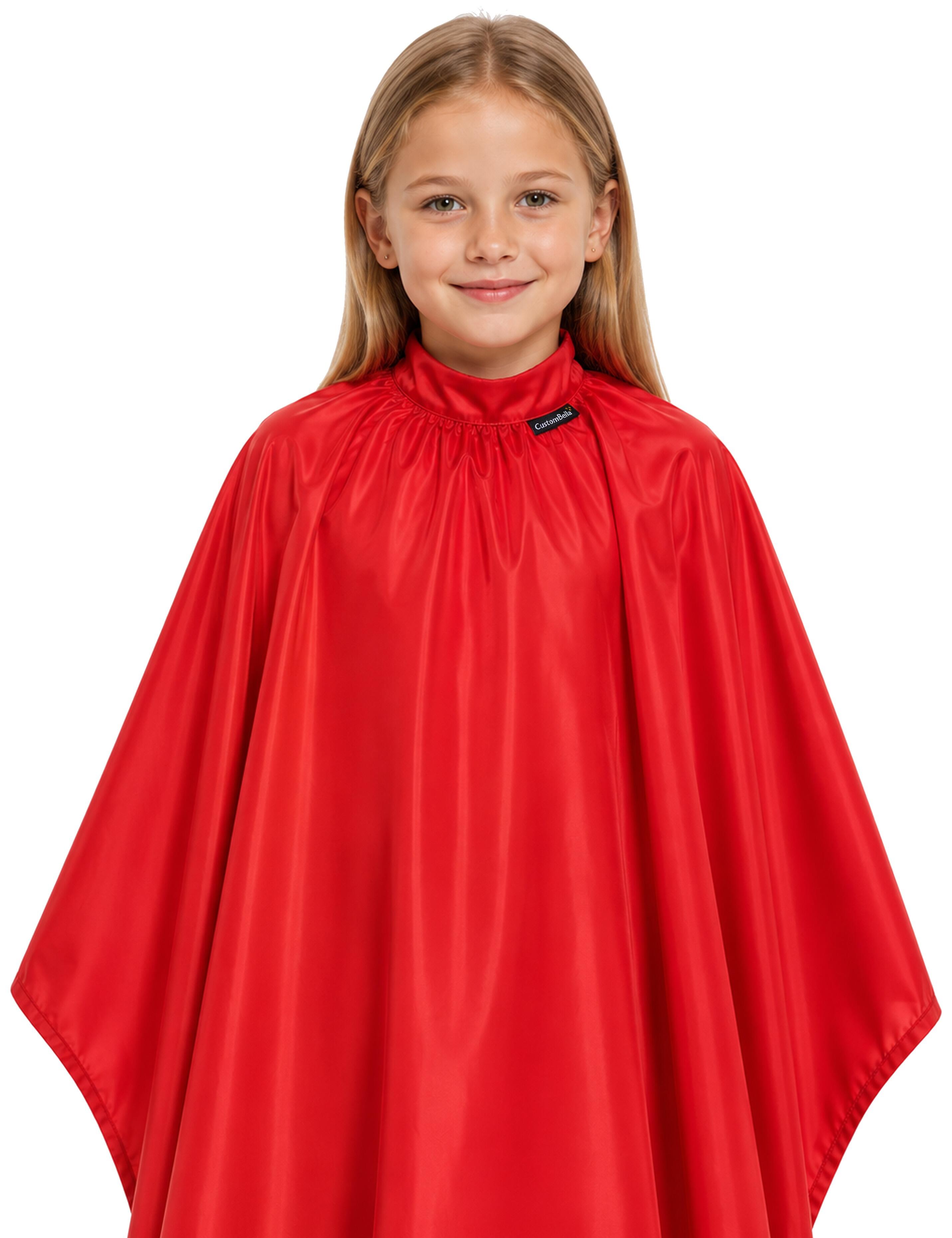 Bright red kids salon cape for haircuts and styling