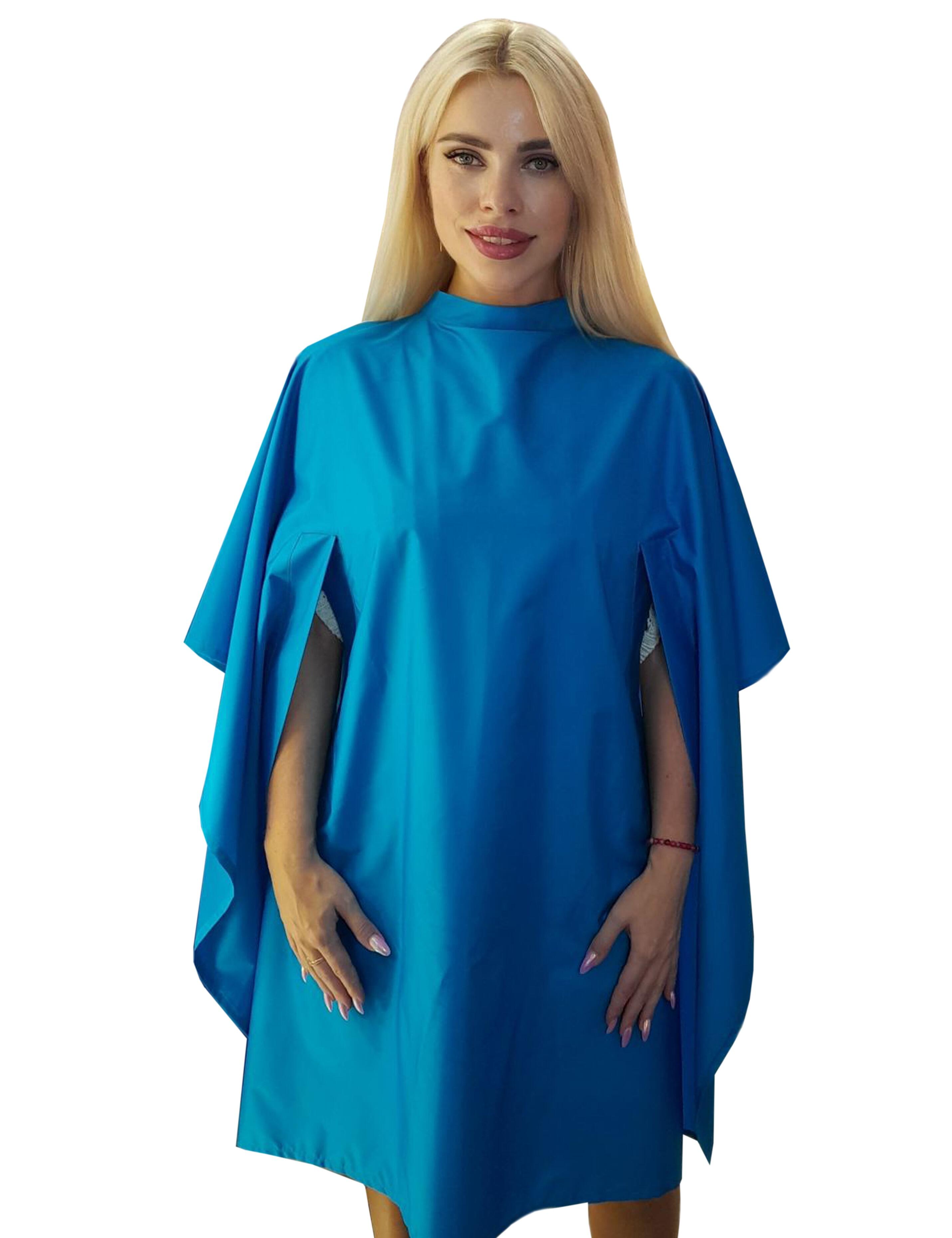 Turquoise salon cape with hand slits for hairstyling