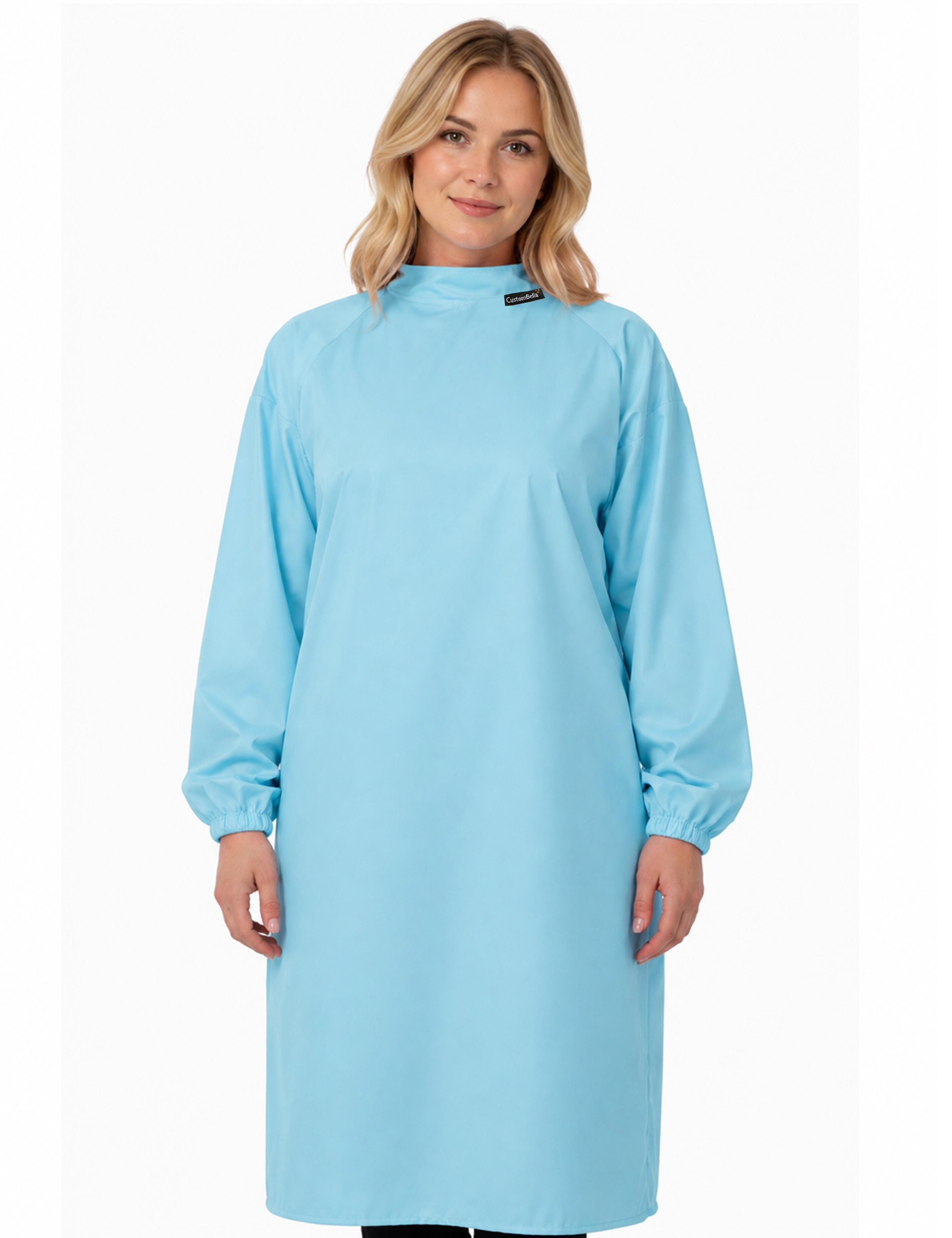 Professional aqua blue cutting cape with sleeves engineered with advanced BellShield salon protection fabric