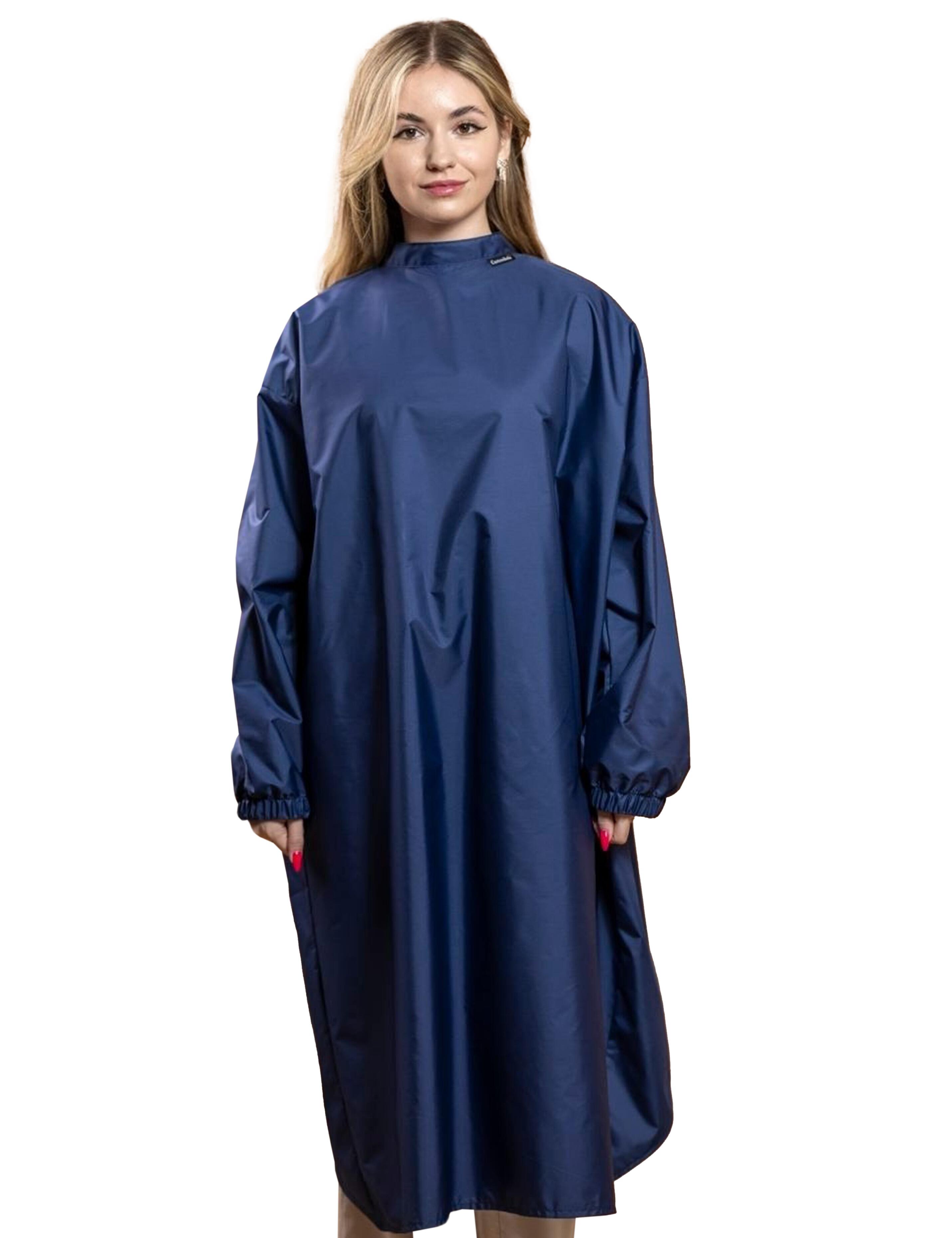 Professional navy blue cutting cape with sleeves engineered with advanced BellShield salon protection fabric