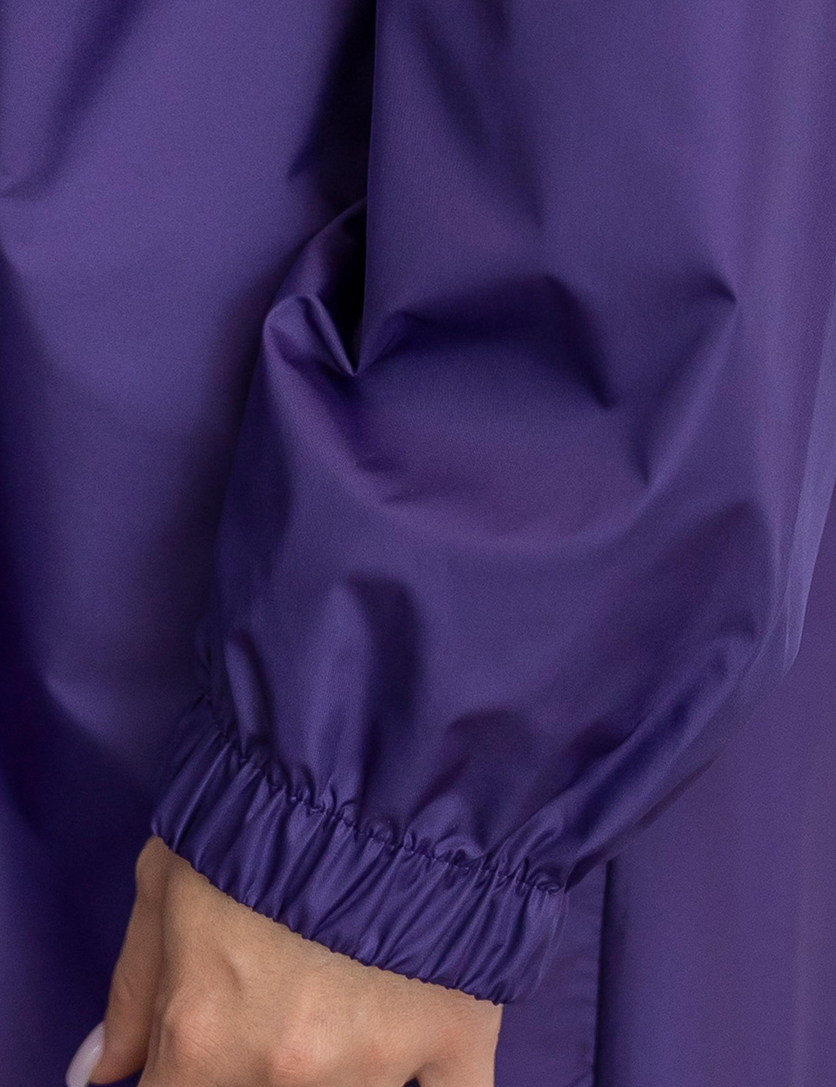 Bleach proof royal purple hair cutting cape with sleeves for professional coloring and chemical protection