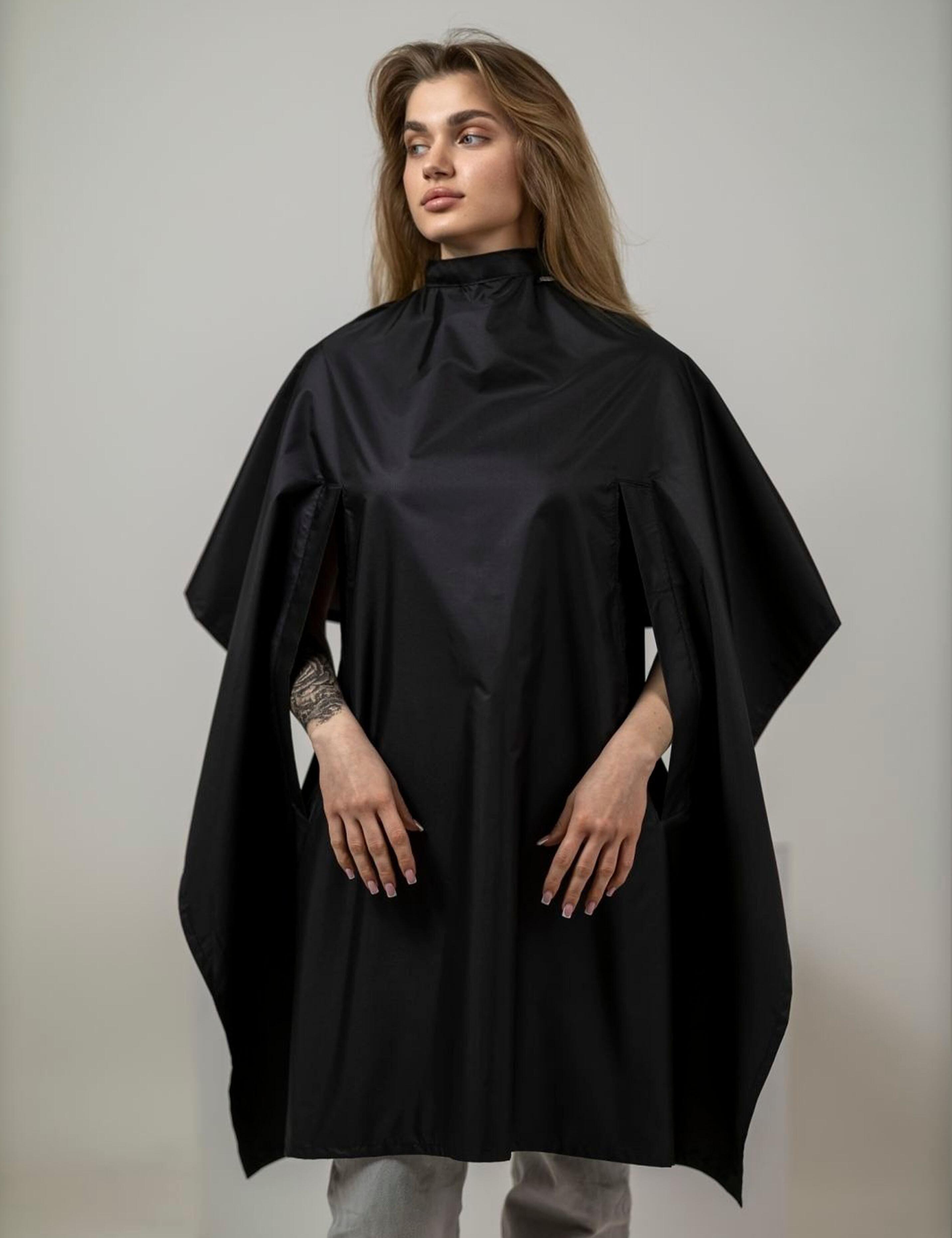 Black barber cape with hand slits for personalized embroidery
