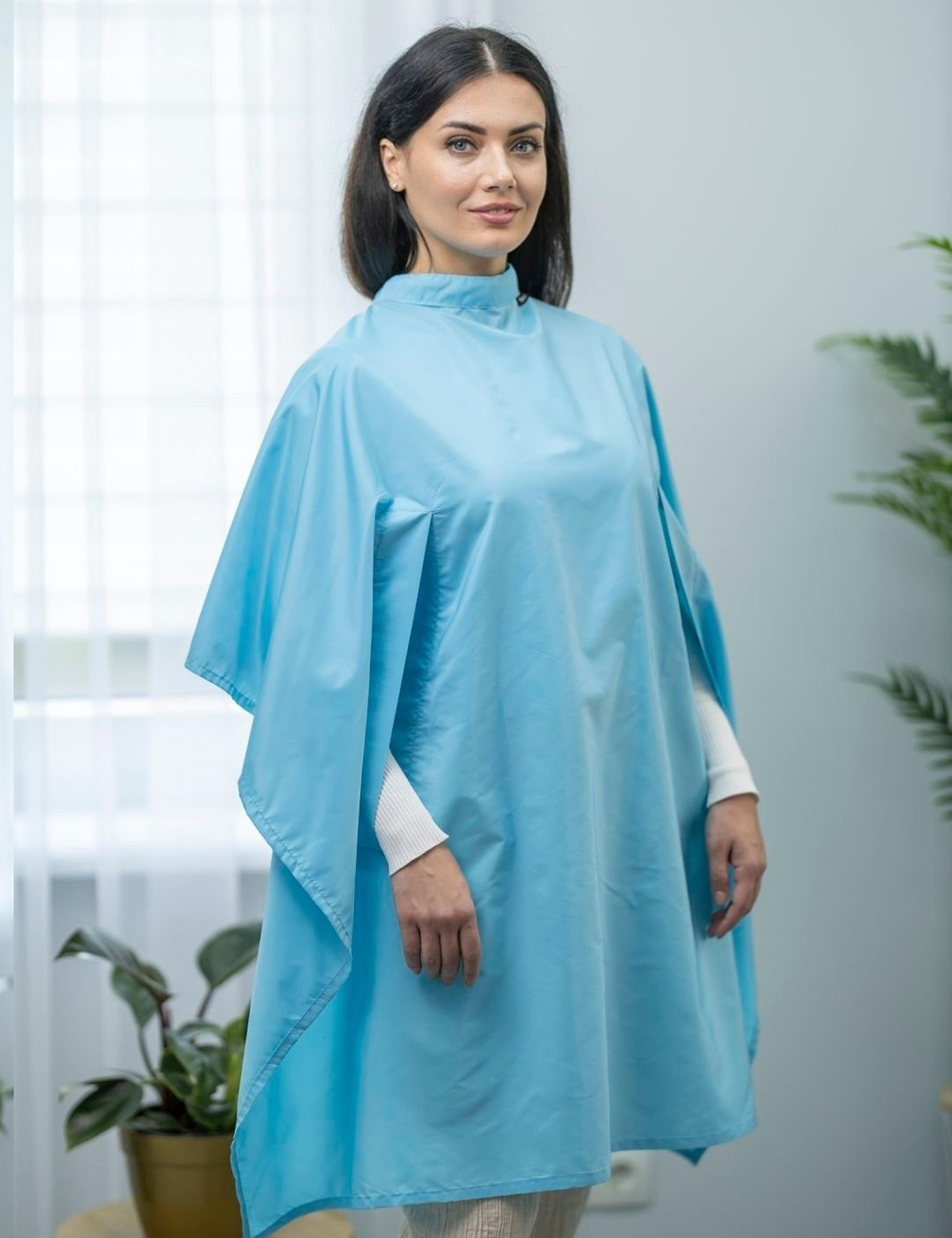 Stylish aqua blue salon gown with slits for client hands