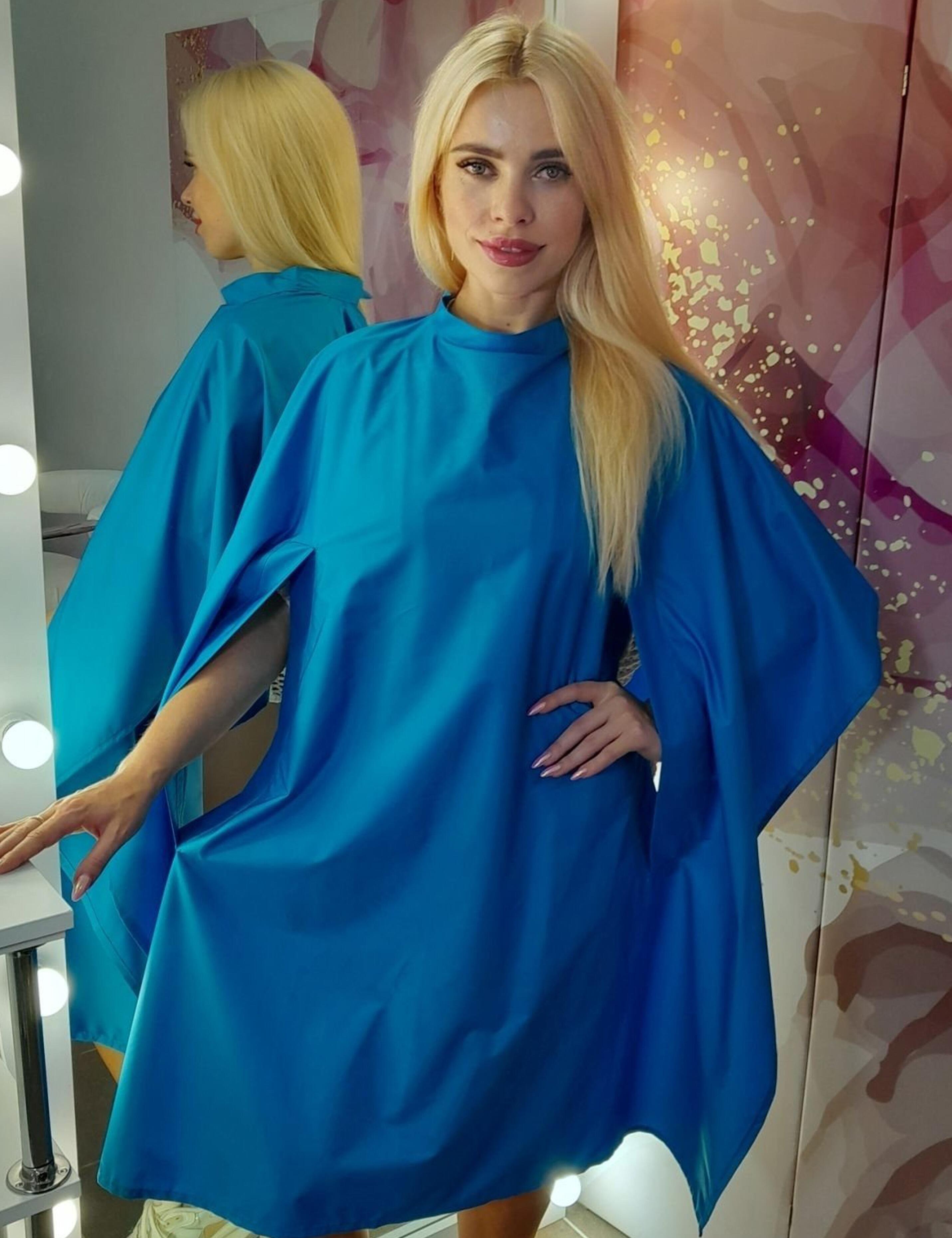 Premium turquoise salon cape with hand slits made in USA
