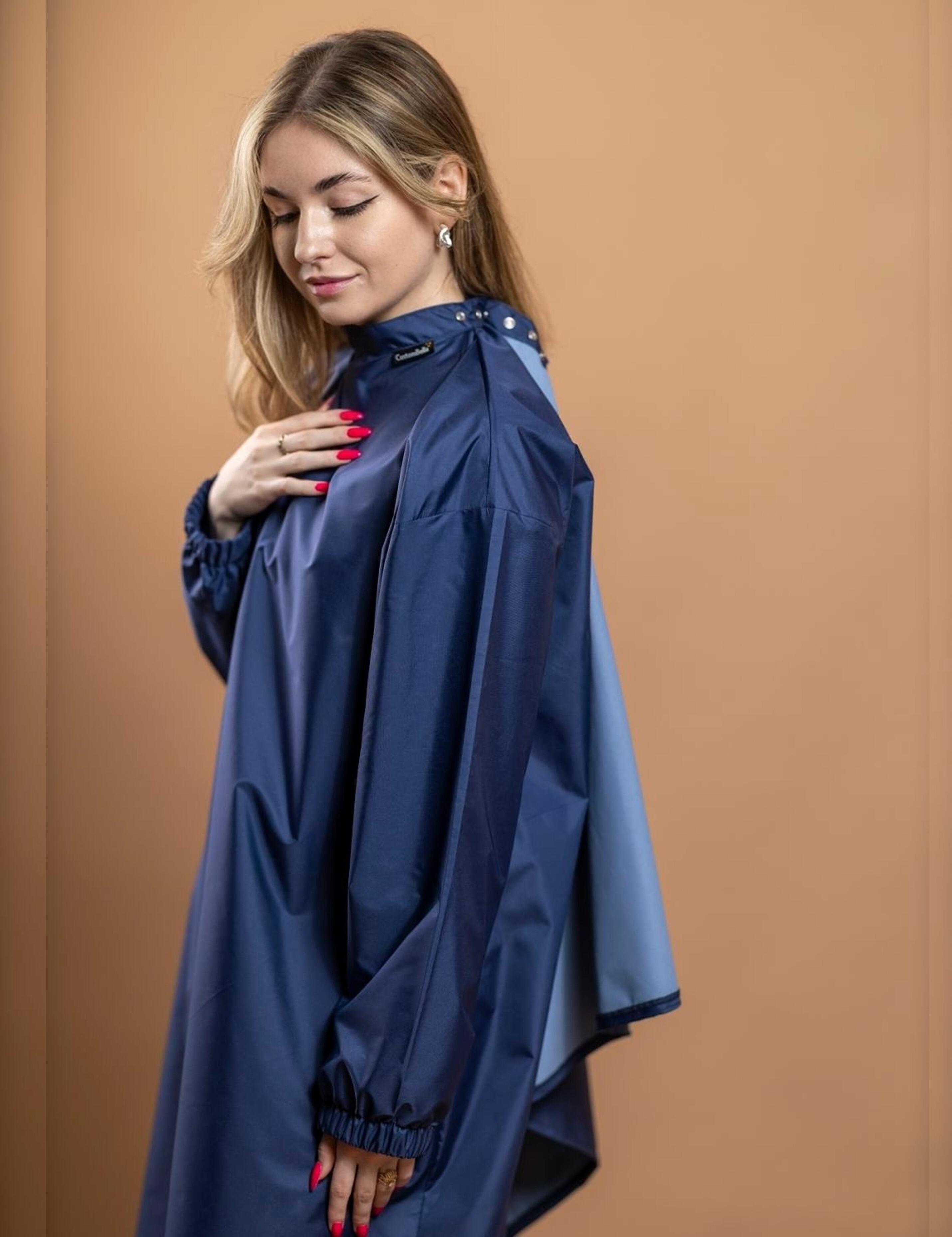 Bleach proof navy blue hair cutting cape with sleeves for professional coloring and stain protection