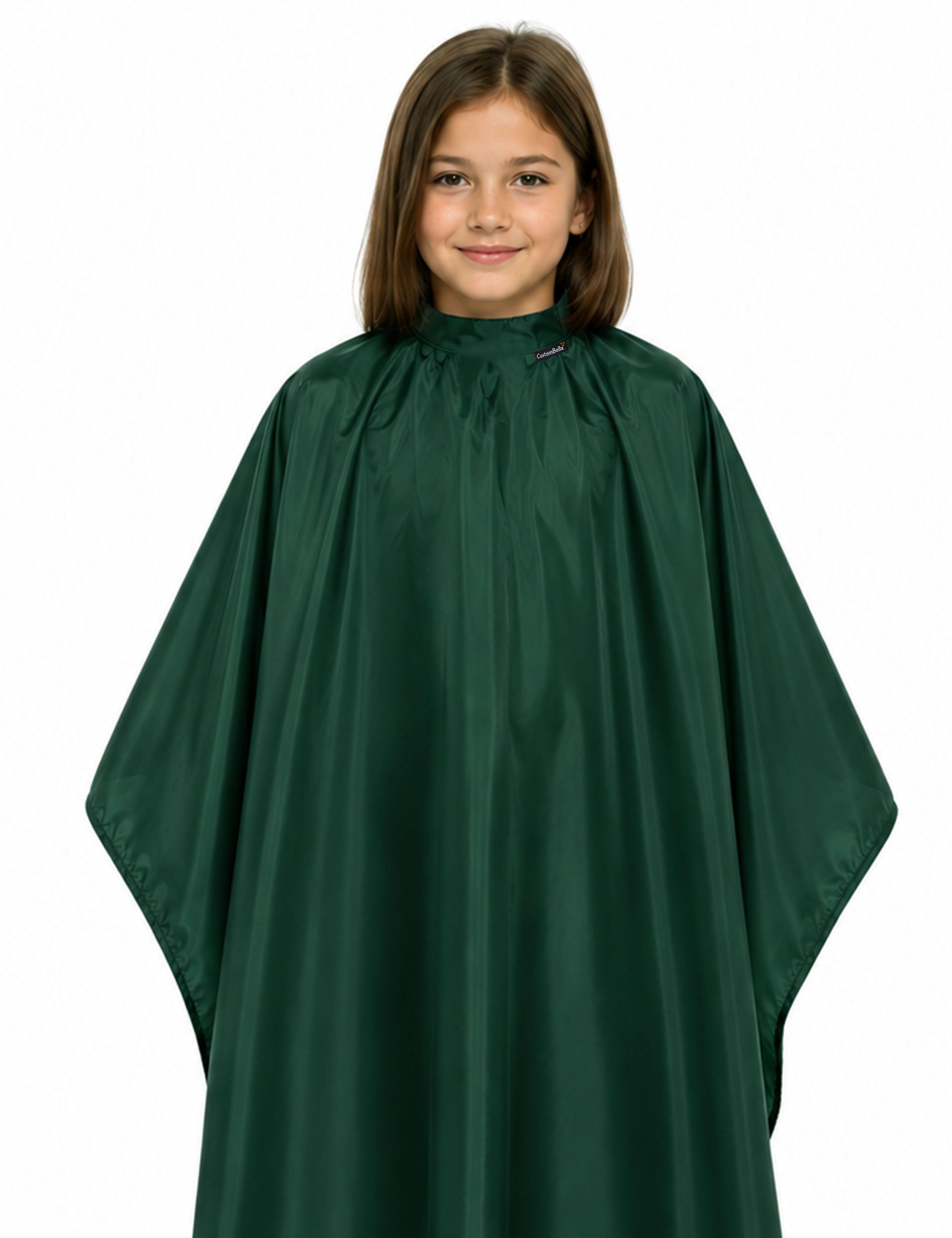 Bottle green kids salon cape with velcro closure for haircuts