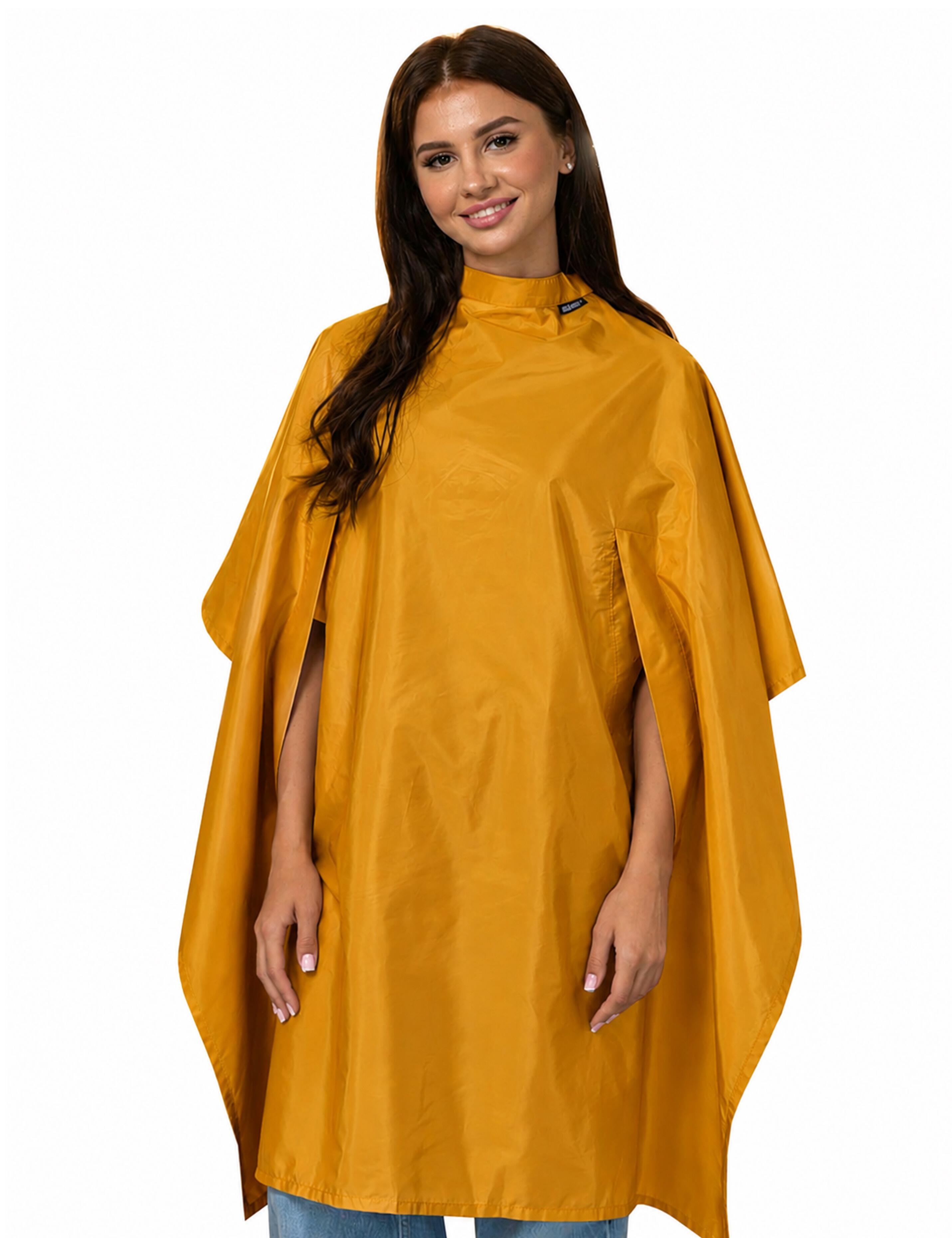 Mustard salon cape with hand slits for hairstyling