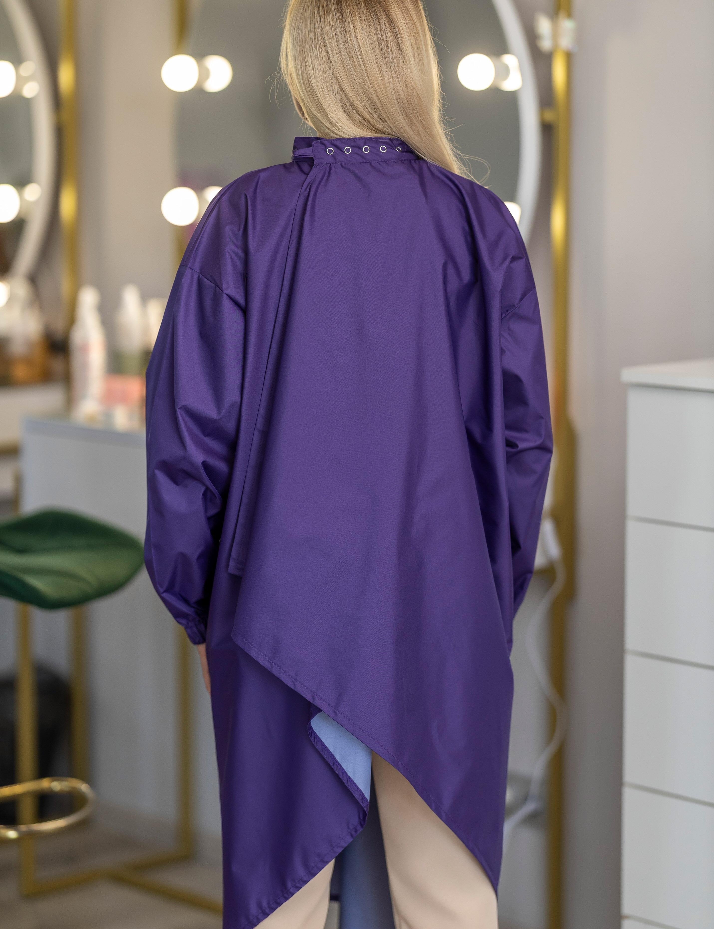Premium purple client cape with sleeves tailored for elite American hair studios and beauty venues