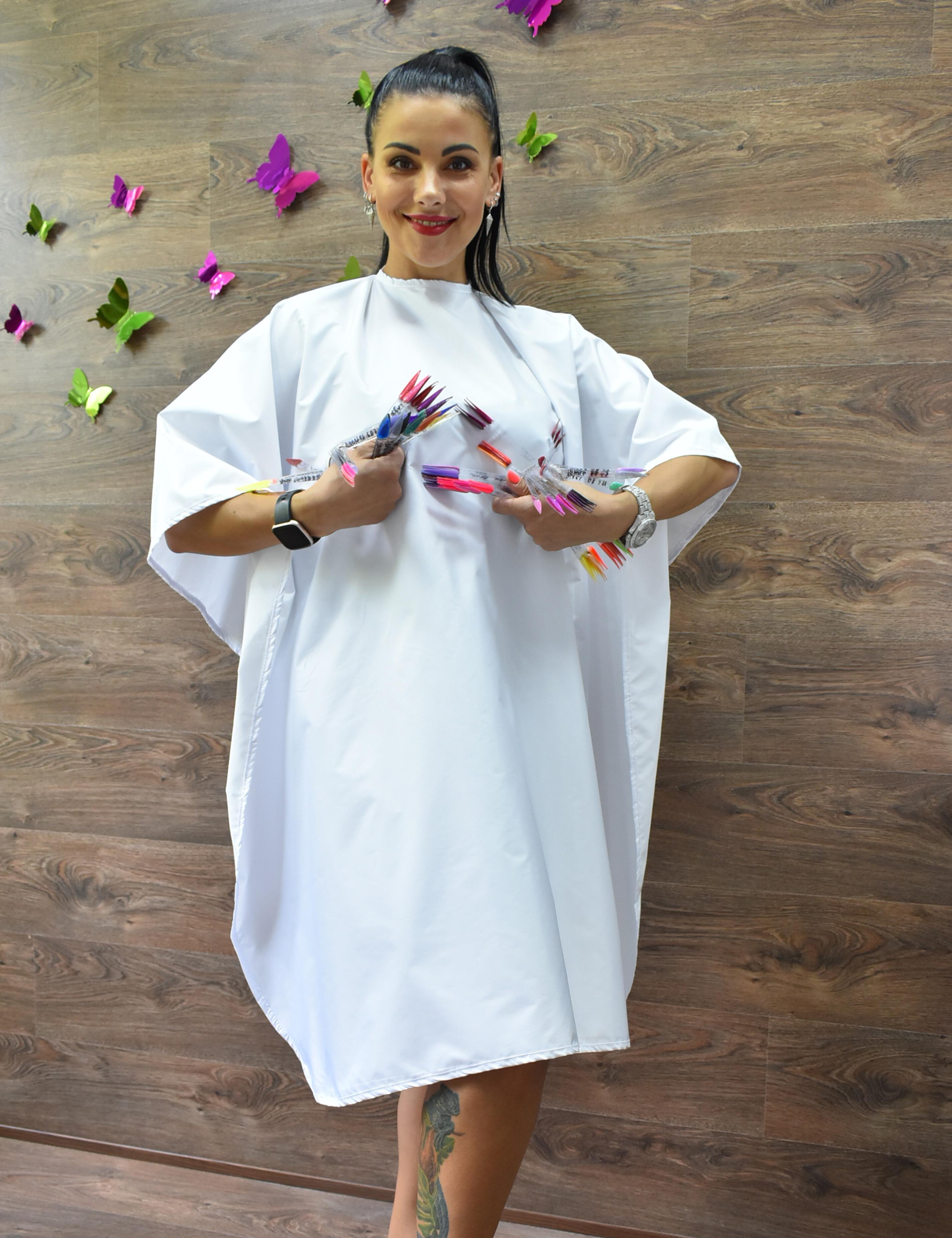 Waterproof white barber cape with durable metal clips for US hair salons