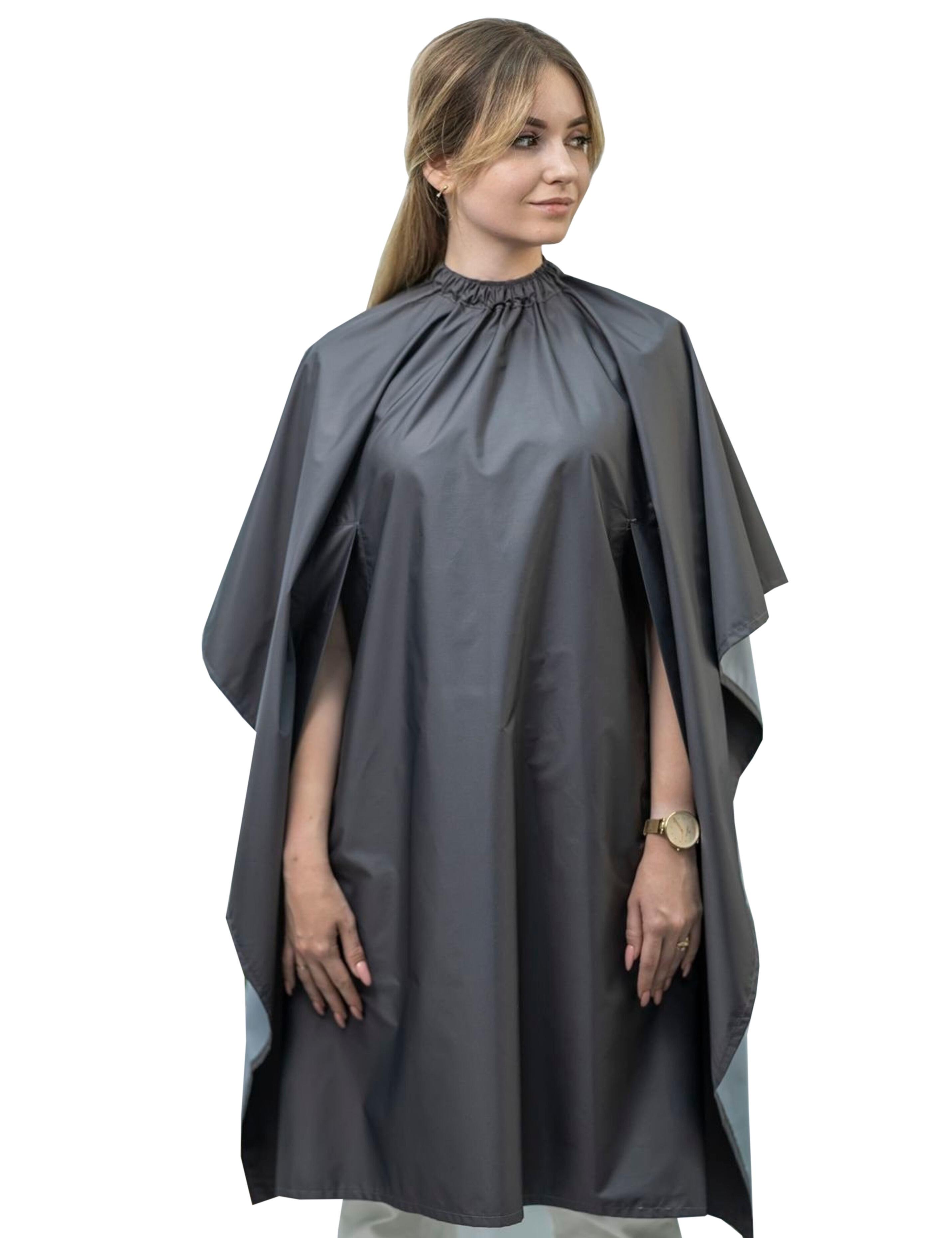 Dark grey salon cape with hand slits for US barbershops