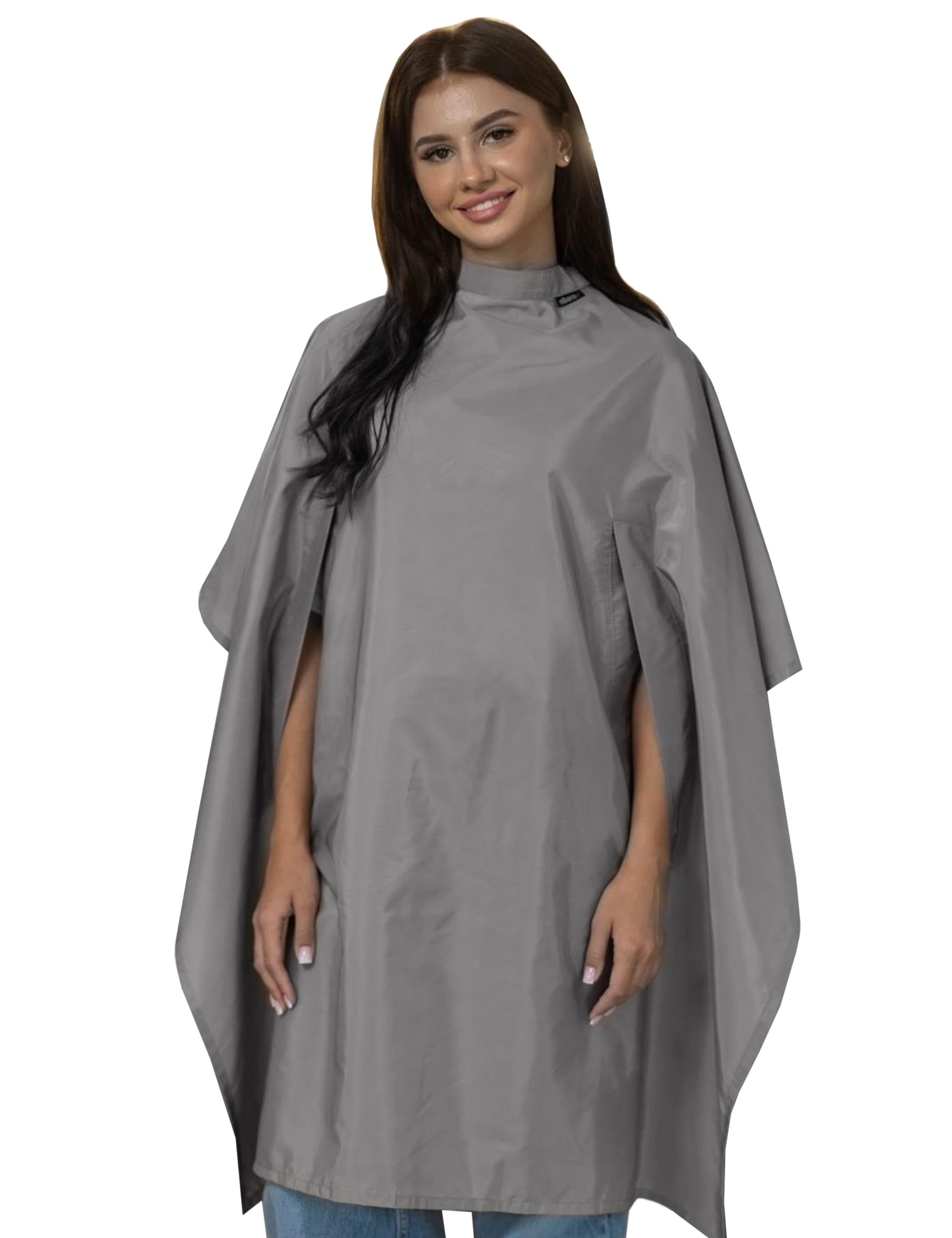 Grey salon cape with hand slits for American hair stylists