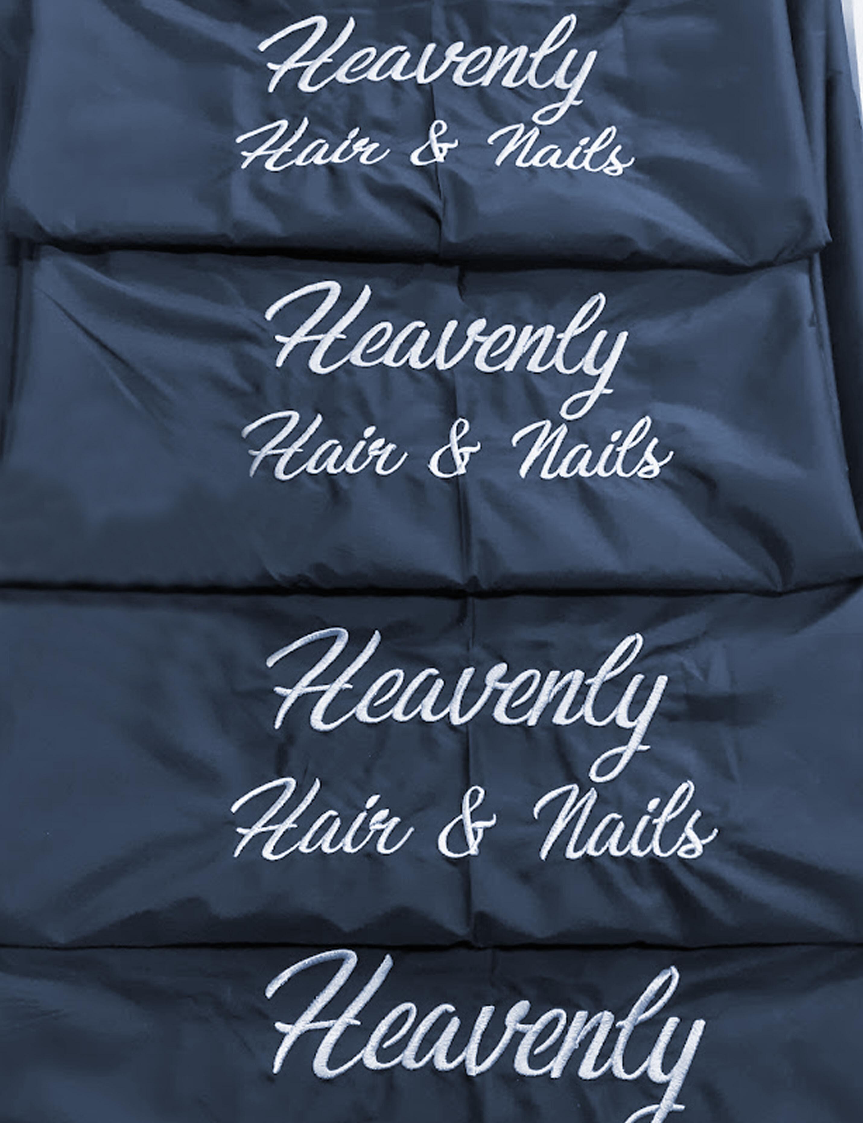 Navy barber smock with arm holes tailored for custom logo embroidery