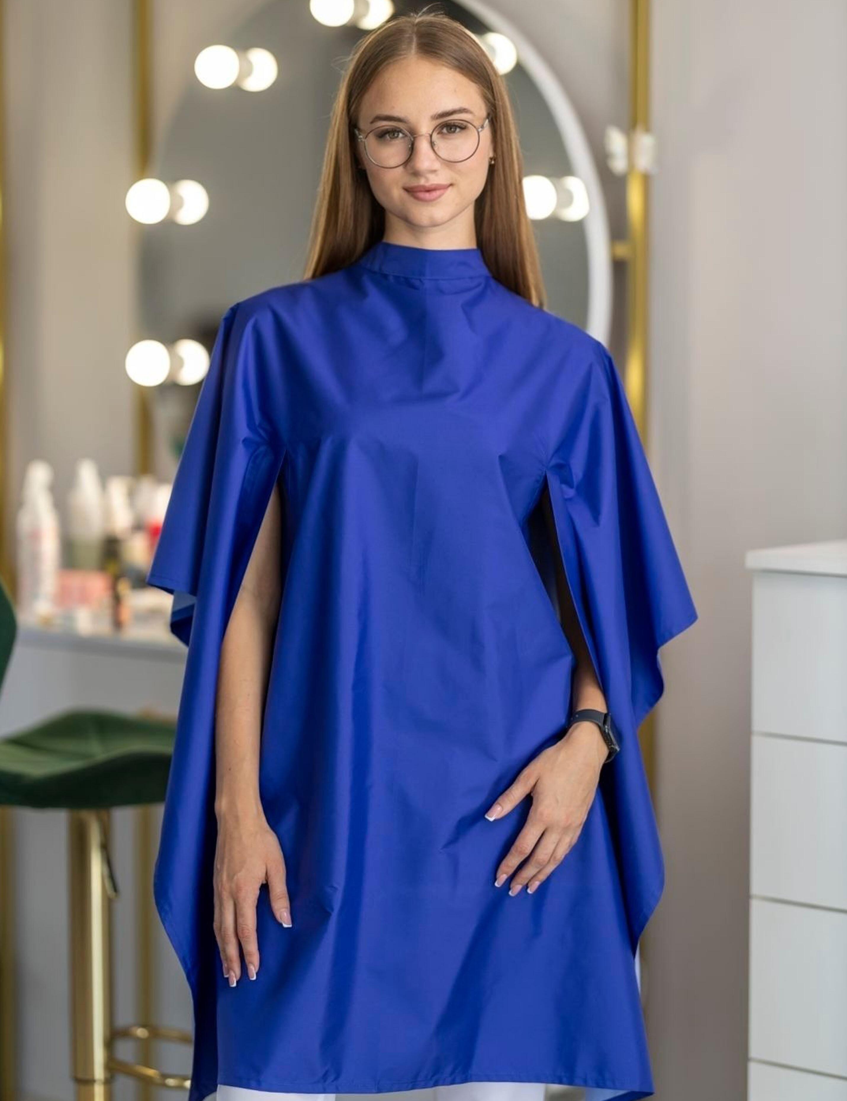 Premium royal blue salon cape with hand slits made in USA