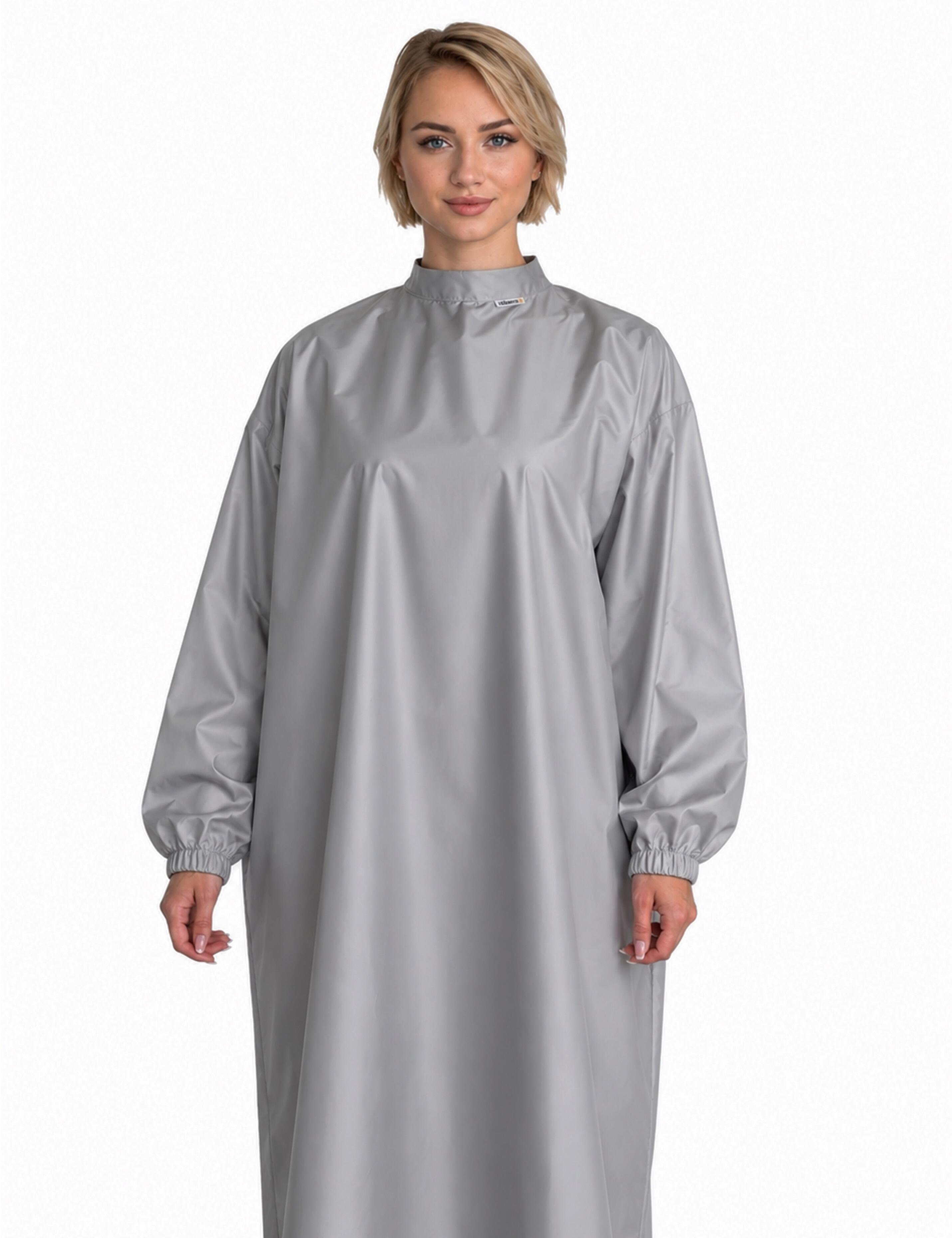 Professional grey cutting cape with sleeves engineered with advanced BellShield salon protection fabric