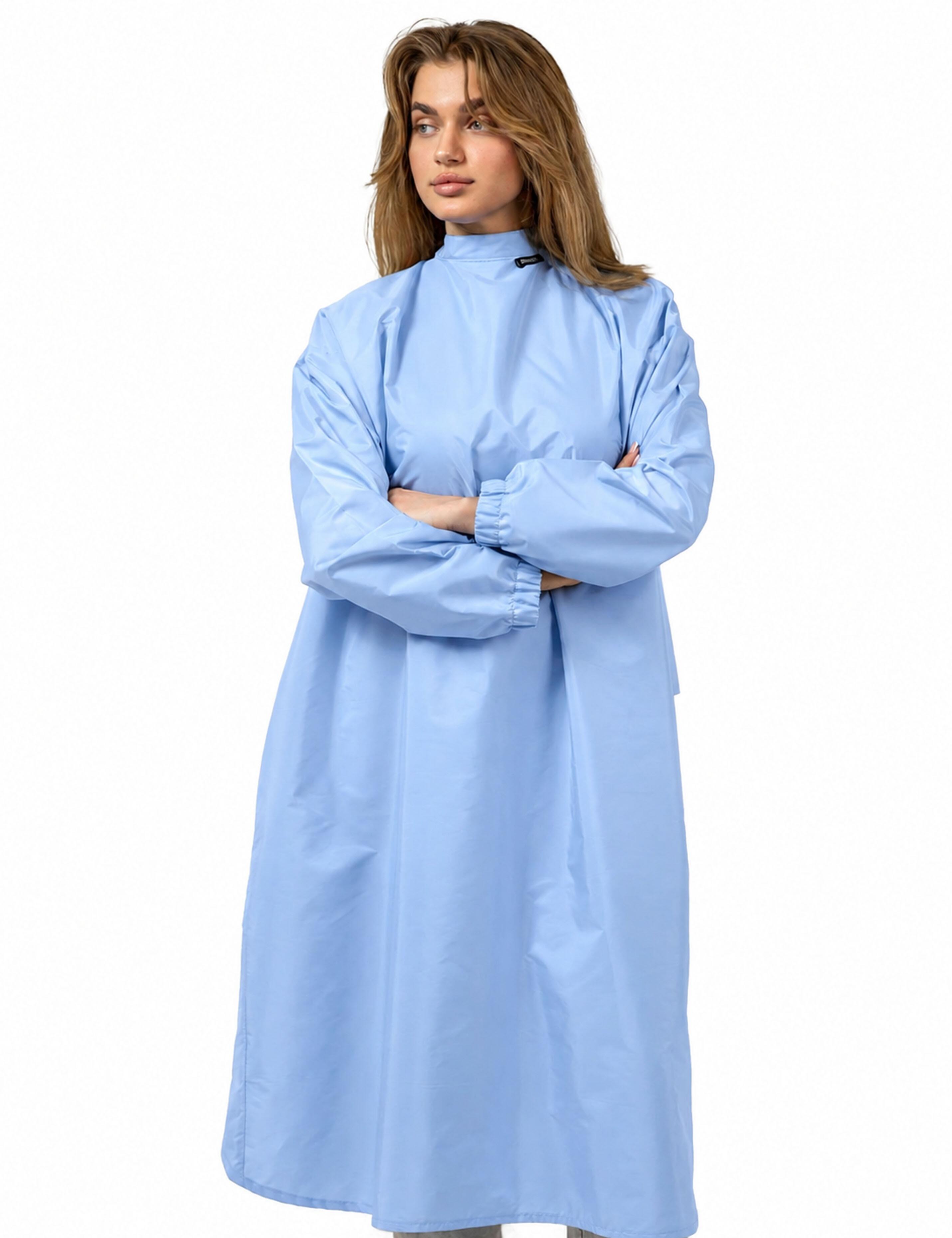Premium light blue client cape with sleeves tailored for elite American spas and day salons