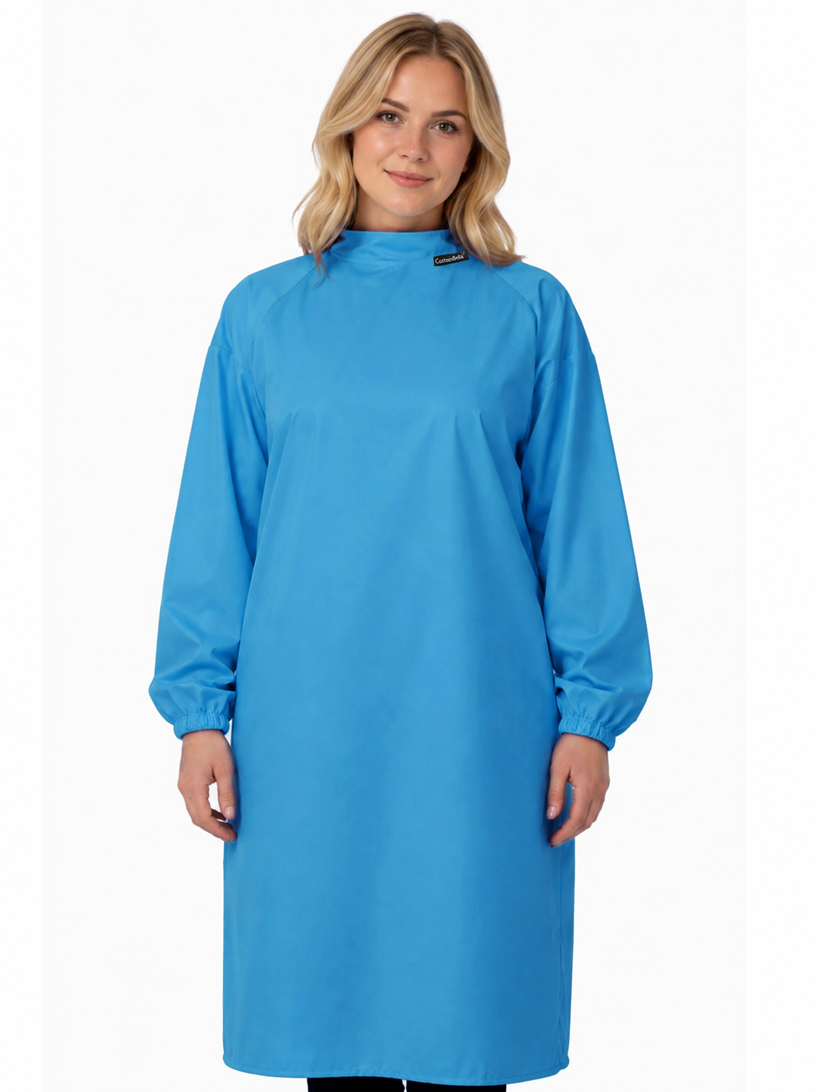 Premium turquoise colored client cape with sleeves tailored for upscale American hair studios