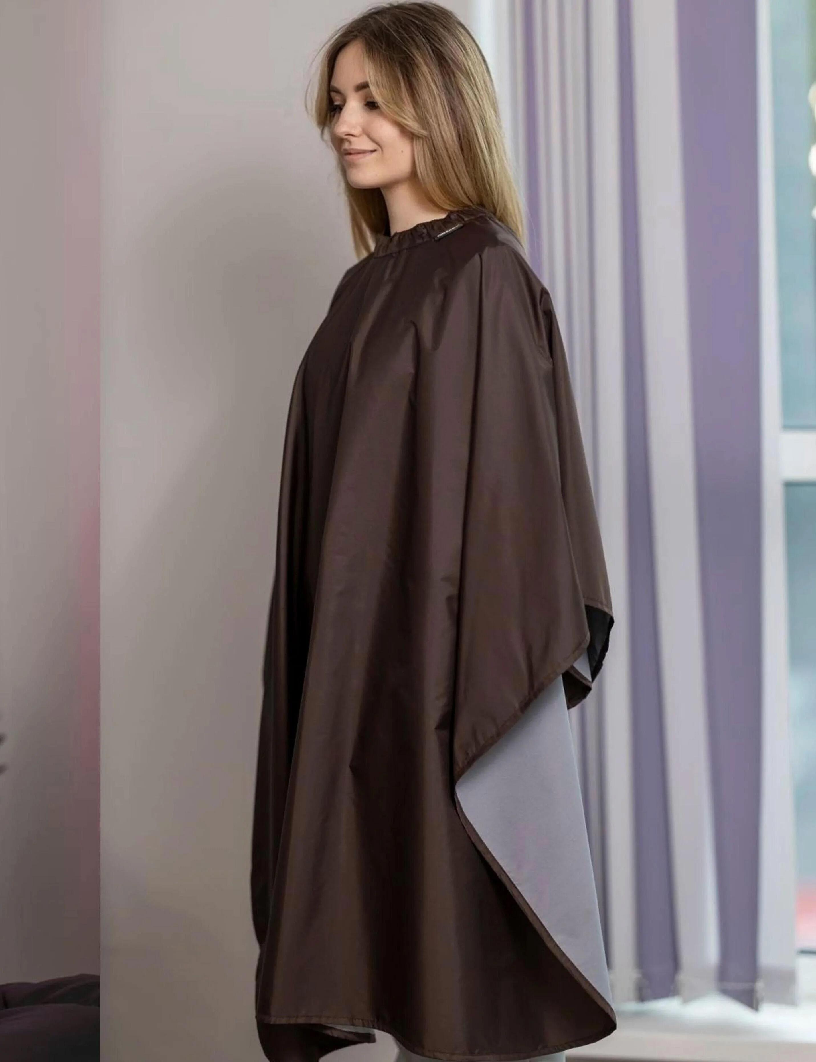 Full-coverage chocolate styling cape designed for ultimate client service