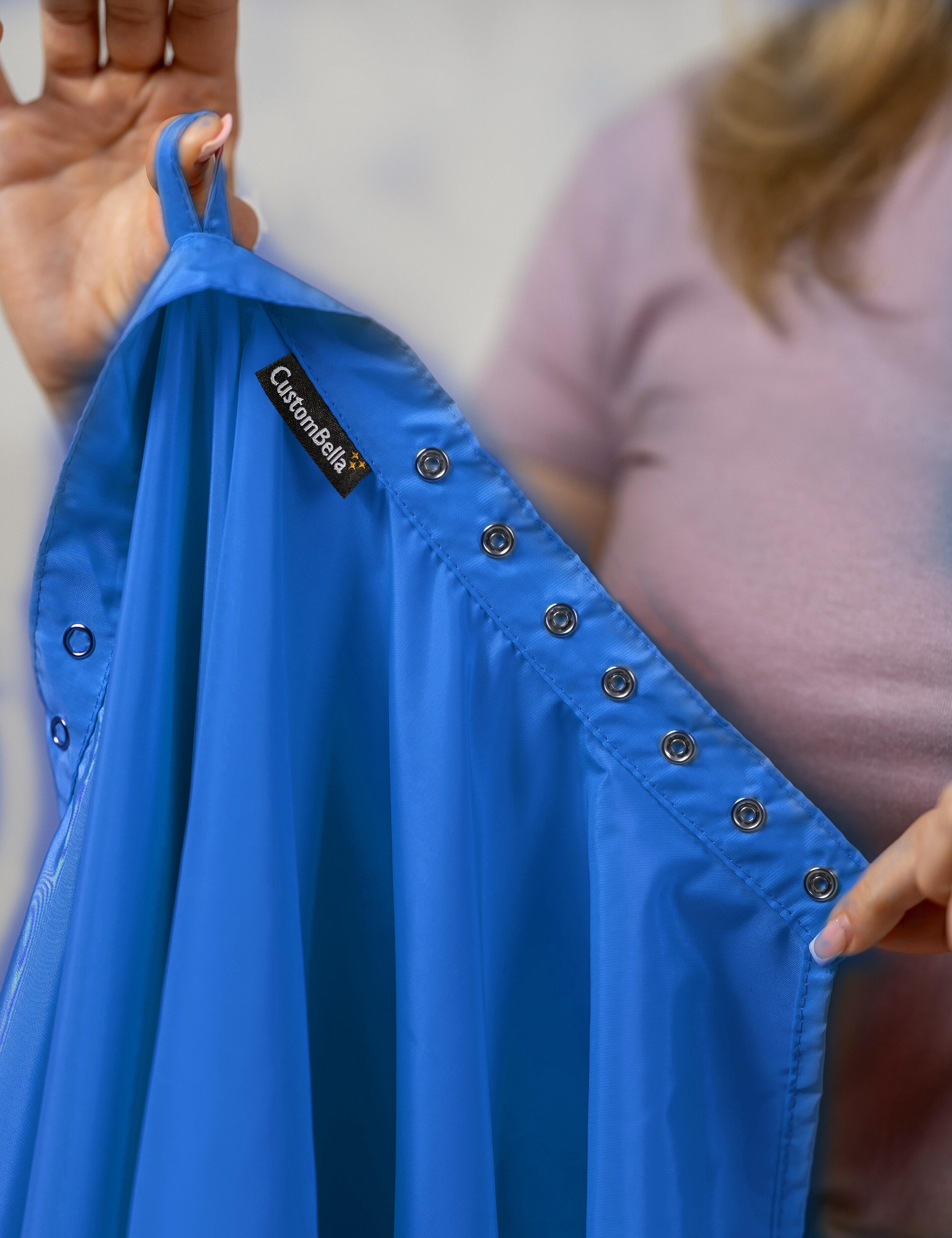 Turquoise salon cape with hand slits and adjustable snap closure