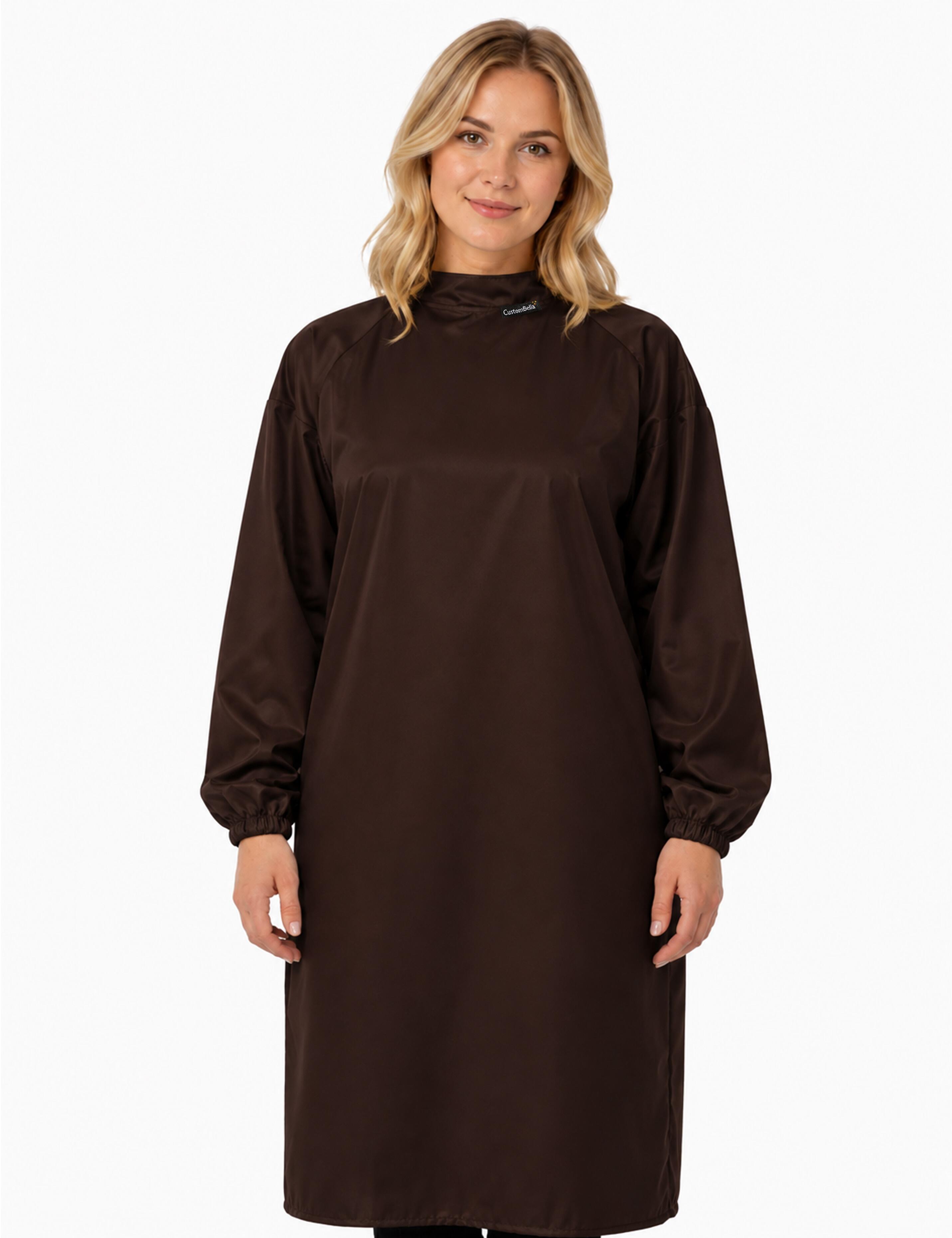 Premium chocolate brown barber cape with sleeves tailored for elite American grooming and hair styling