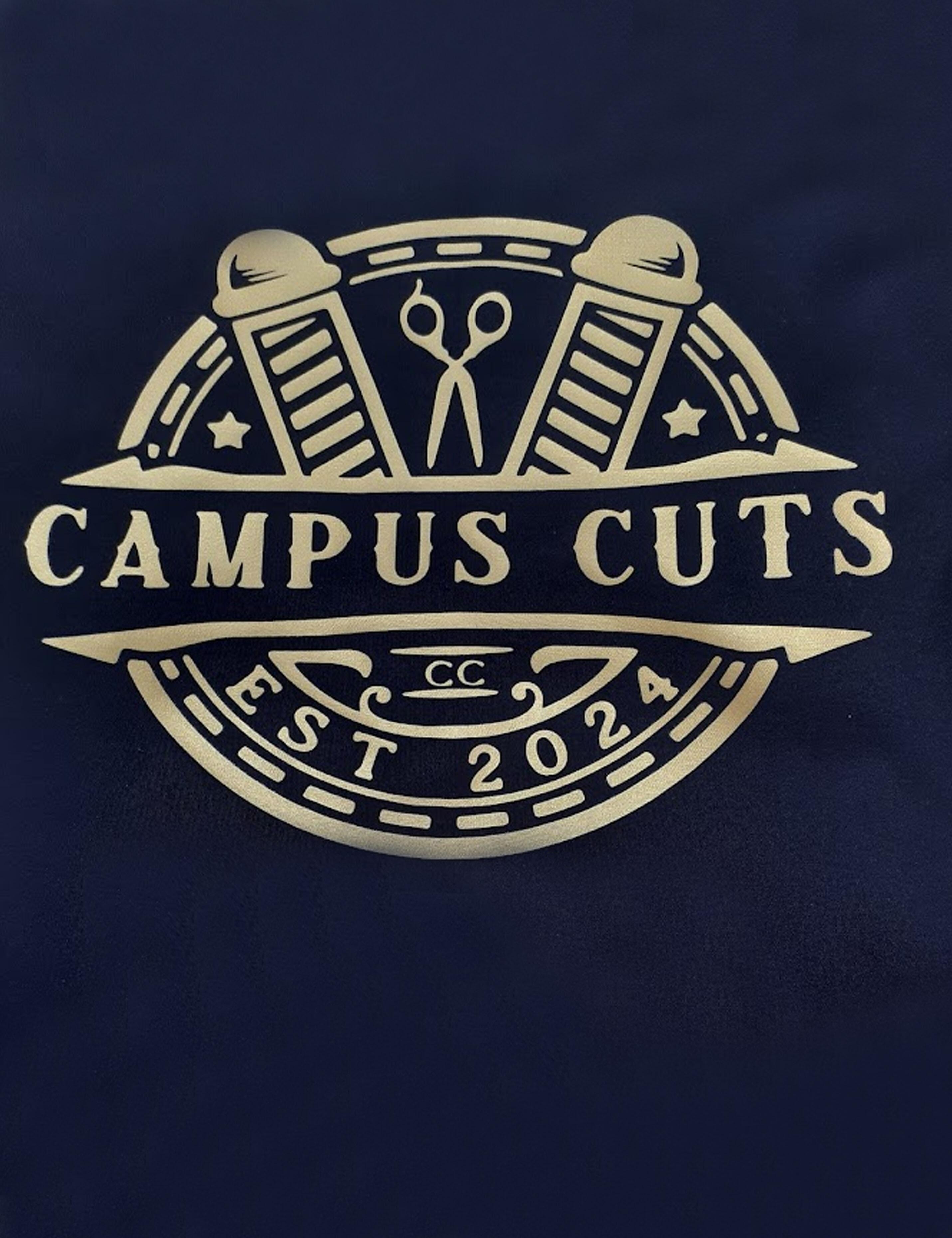 Custom printed navy barber cape with branded logo for USA businesses