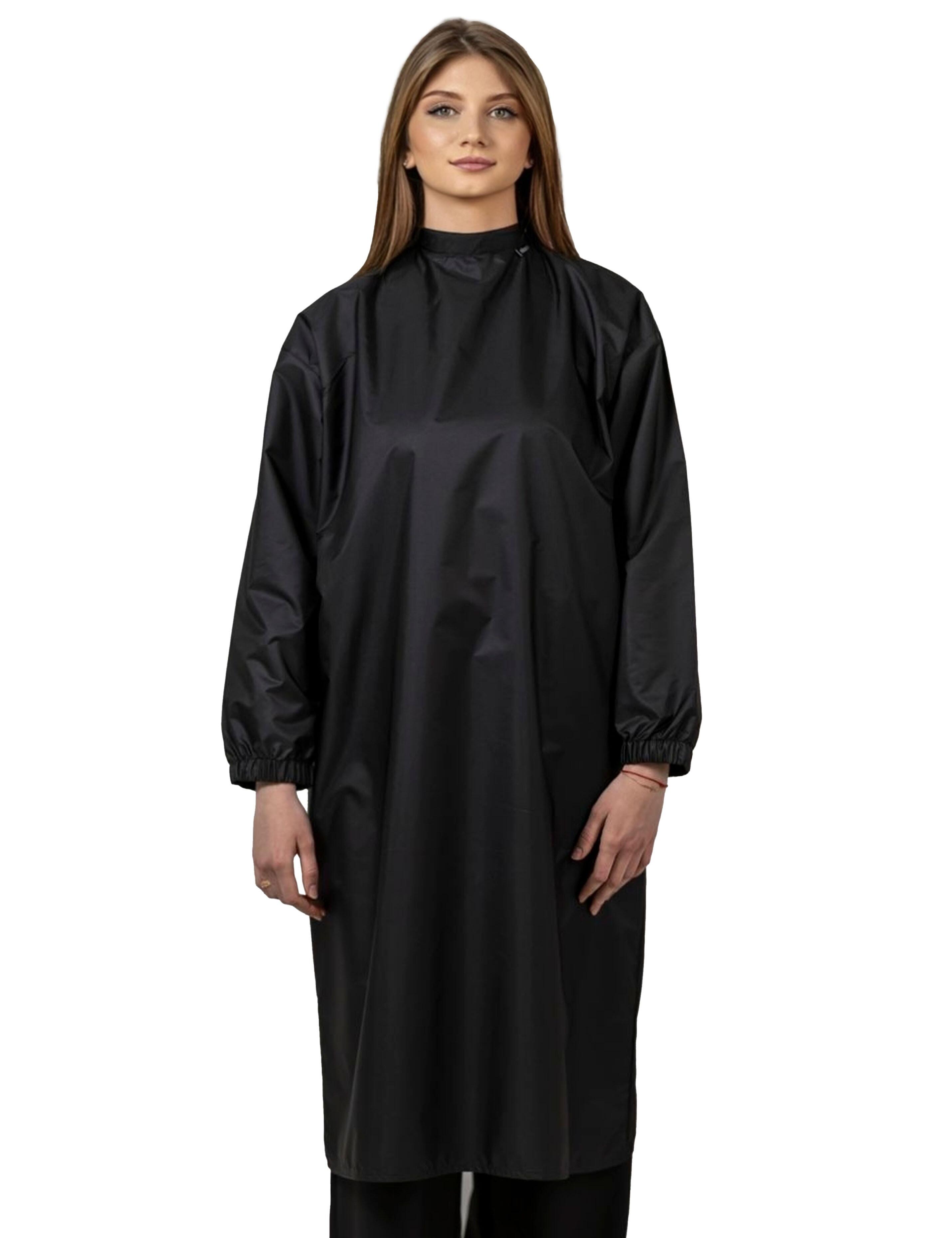 Professional black cutting cape with sleeves engineered with advanced BellShield salon protection fabric