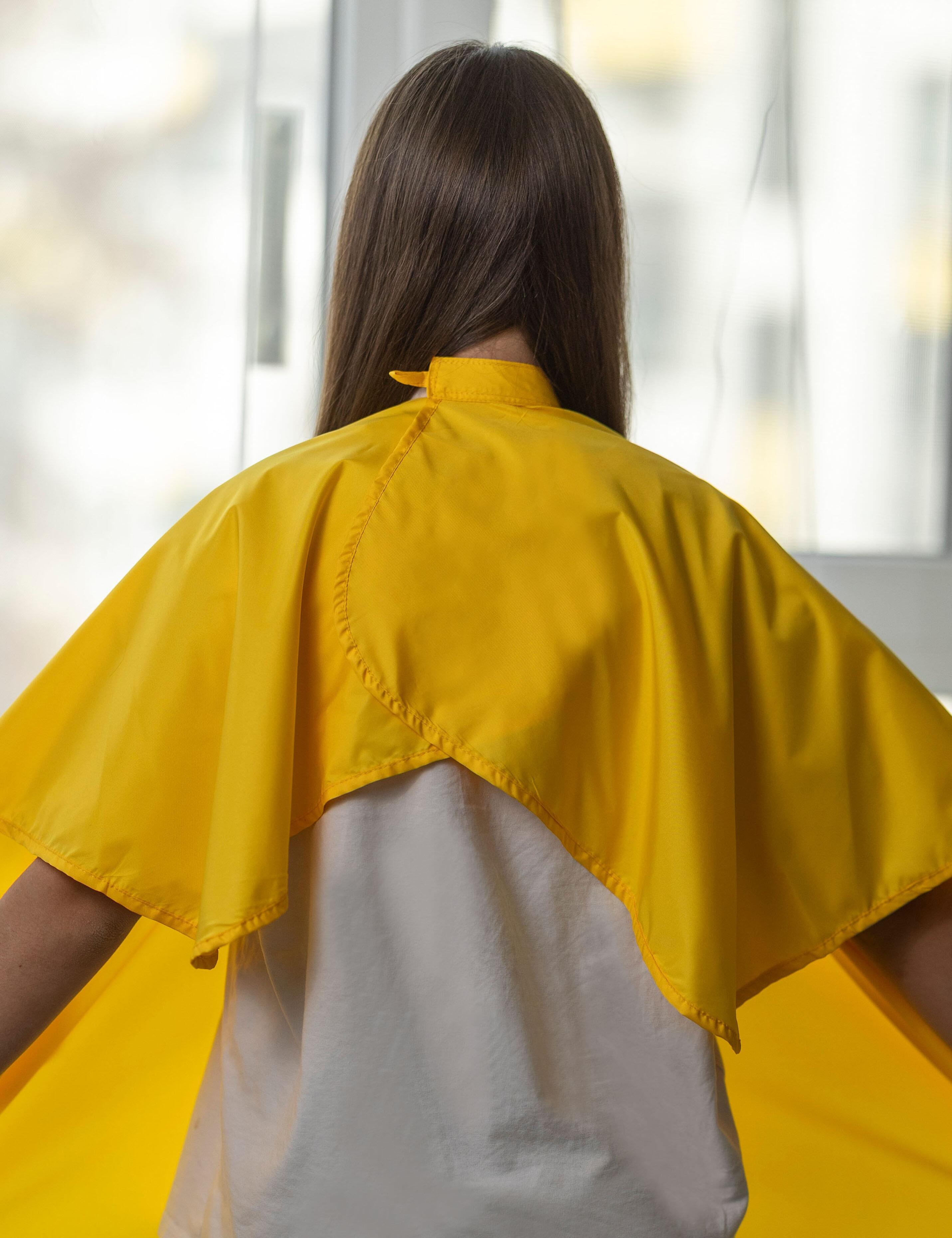 Yellow color child size styling cape for personalized text