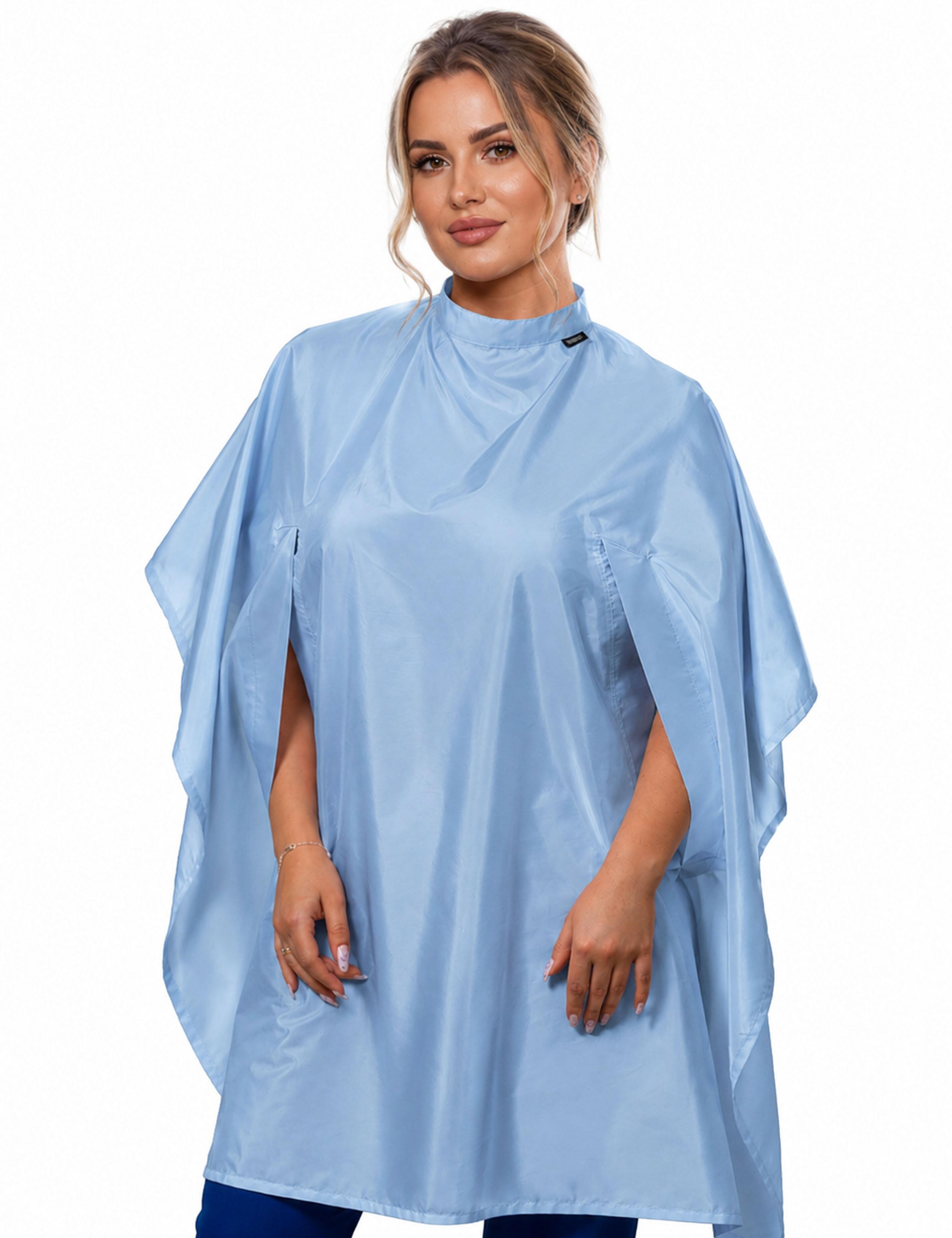 Professional light blue barber cape featuring arm slits