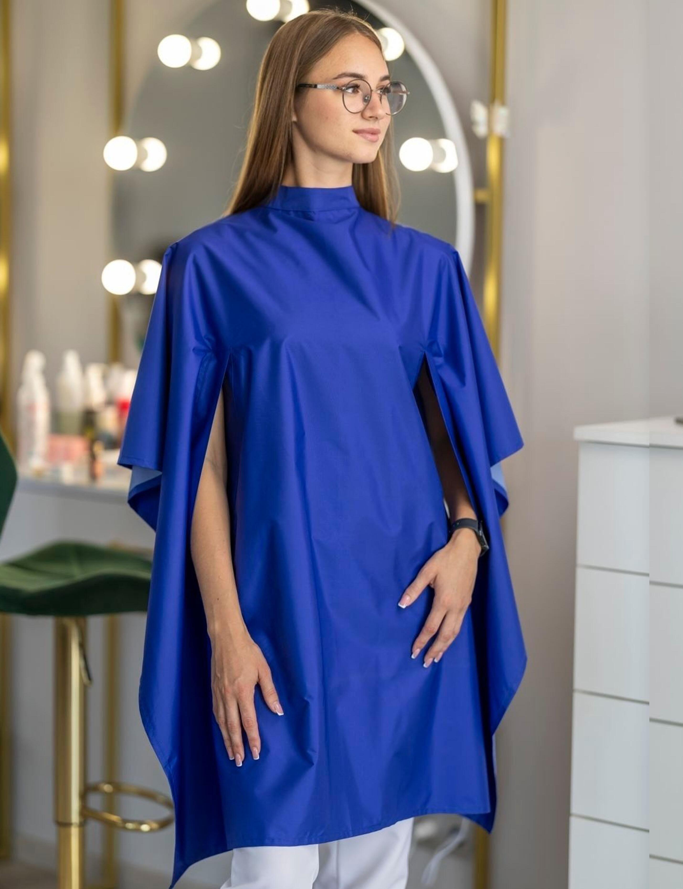Washable royal blue hair cutting cape with arm openings USA