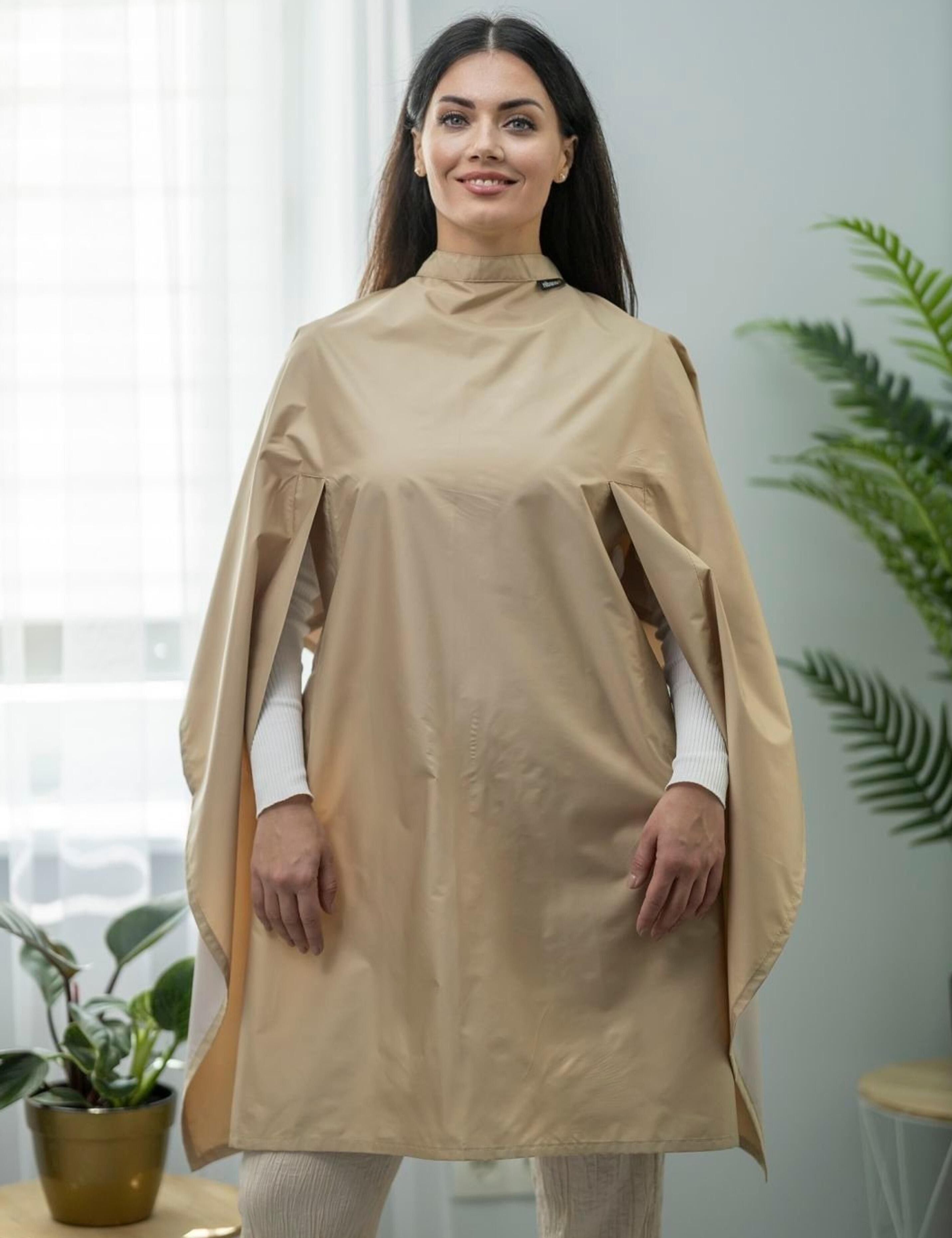 Professional cappuccino barber cape featuring arm slits