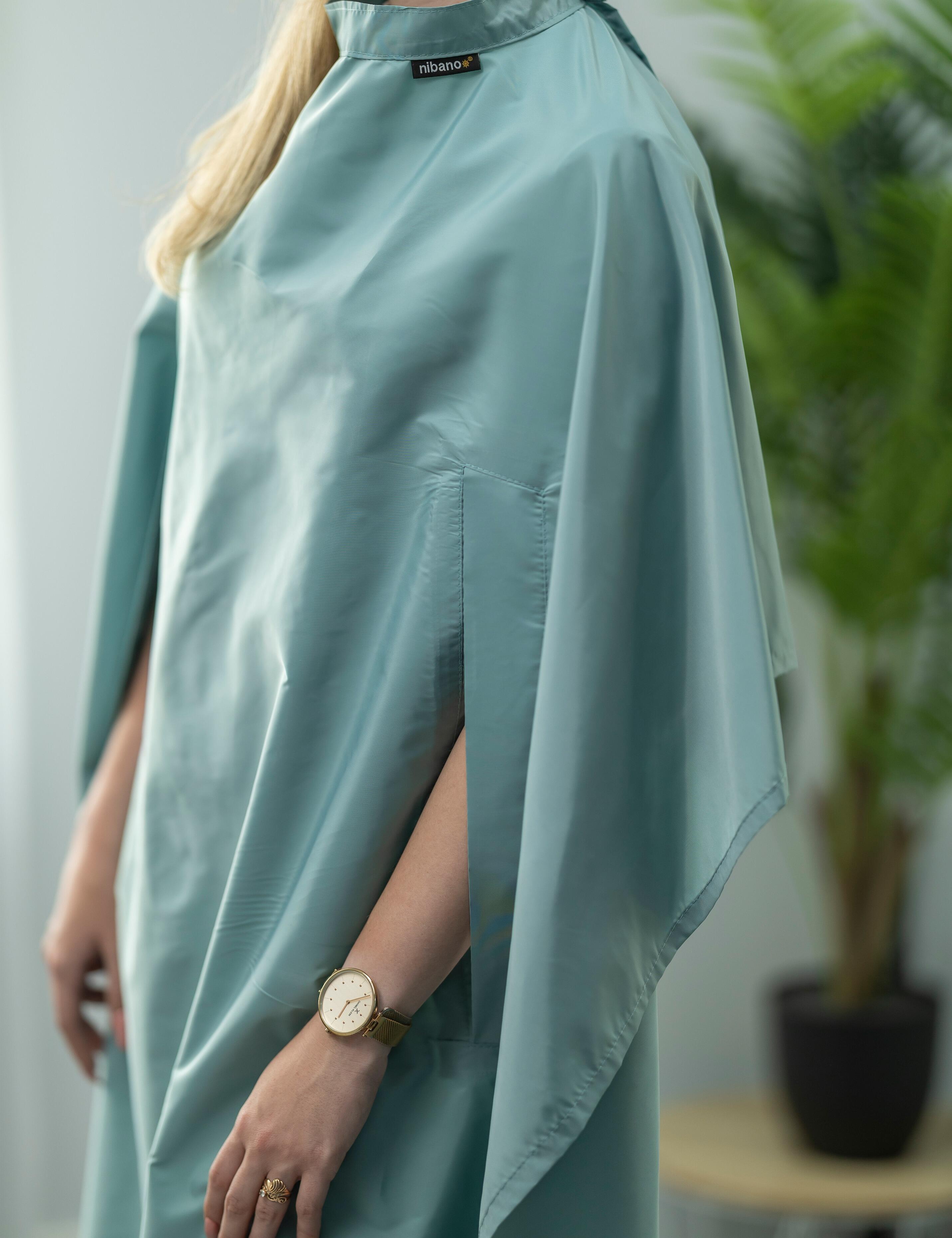 Elegant sage hairdressing cape with slits for USA salons