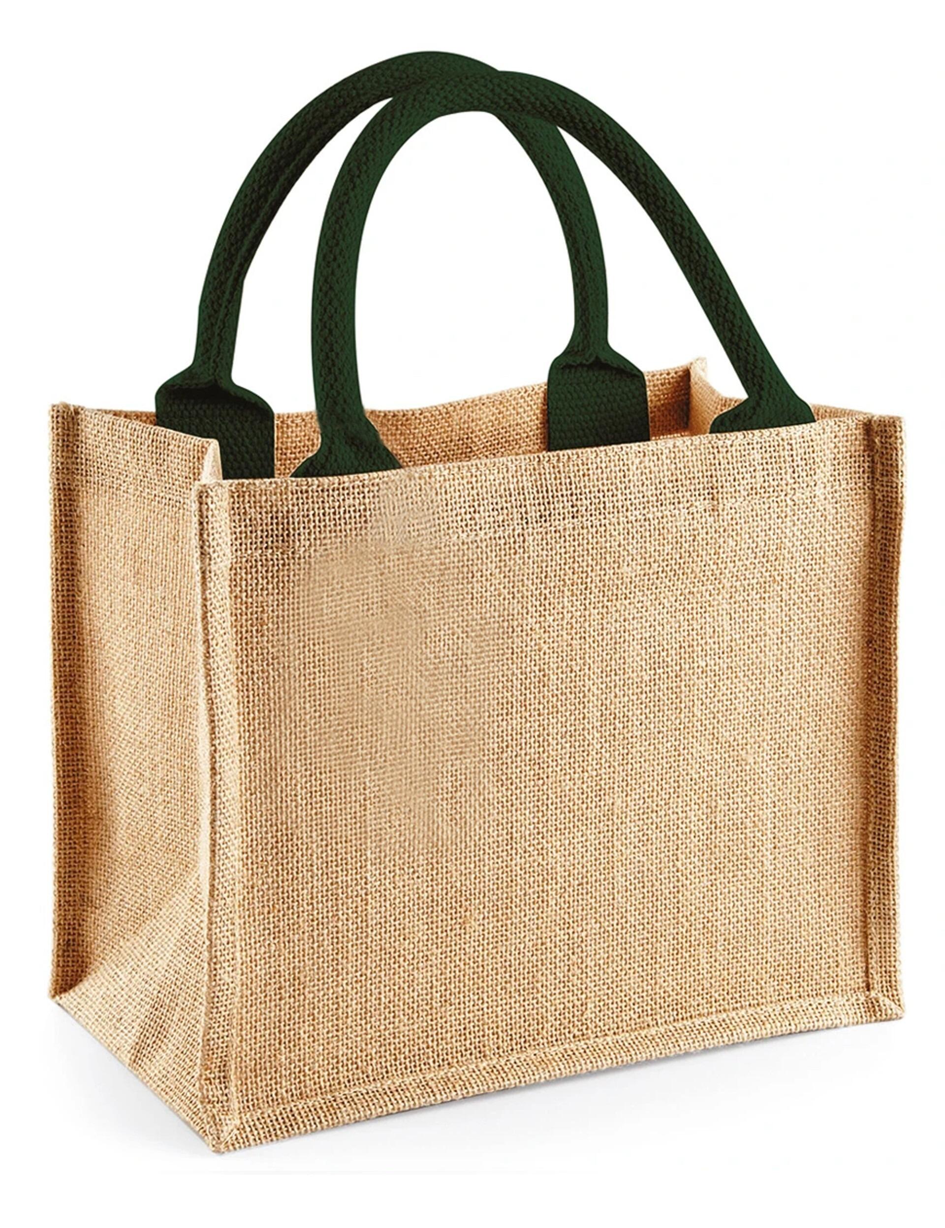 Natural Jute Mini Gift Bag with Bottle Green Handles Blank Printed