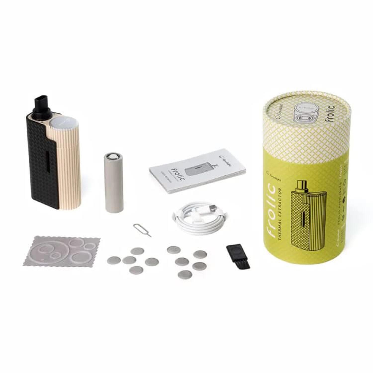 Complete Limelight Frolic Vaporizer kit including device, USB‑C cable, cleaning tools, and user guide.