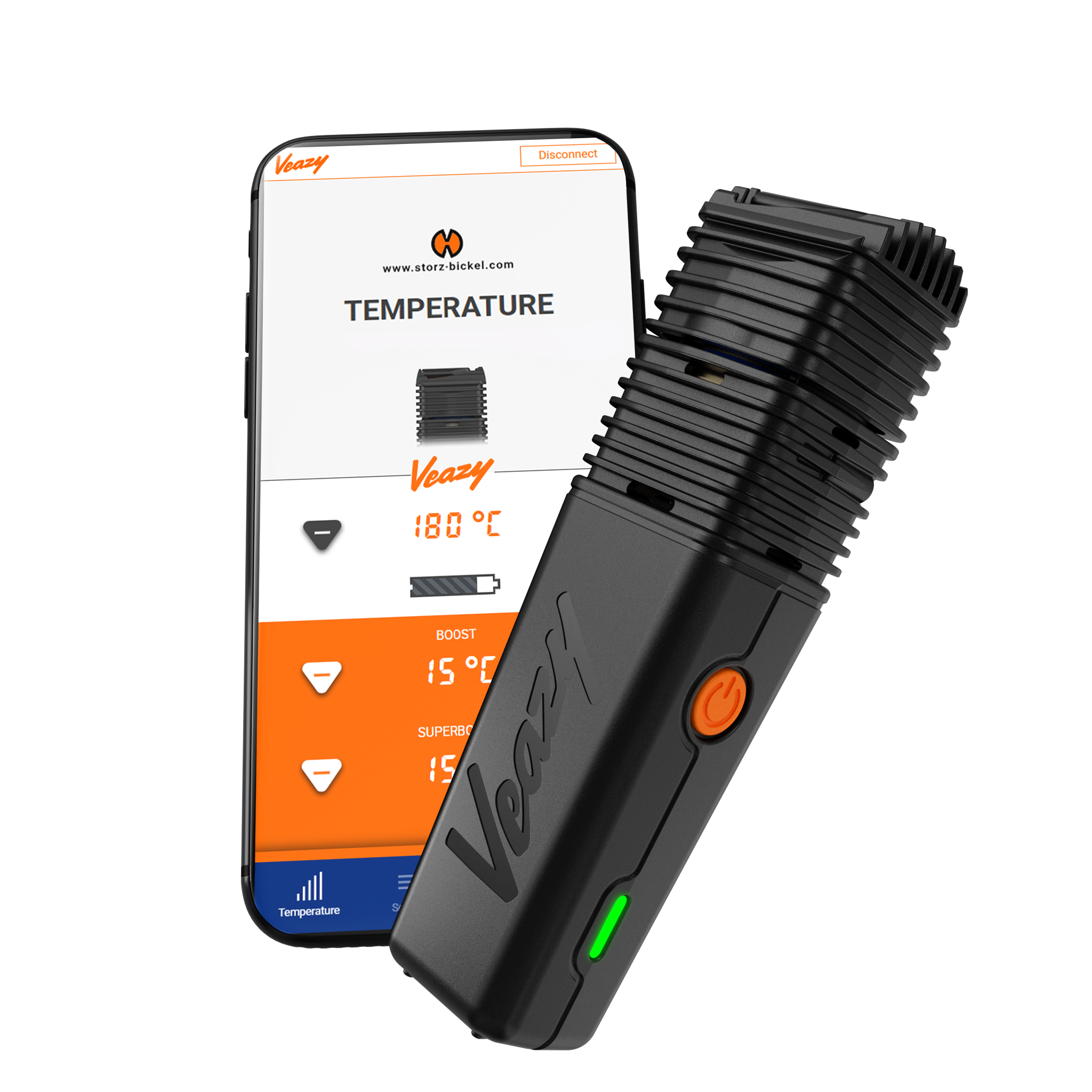 Storz & Bickel Veazy vaporizer Bluetooth app interface showing temperature control