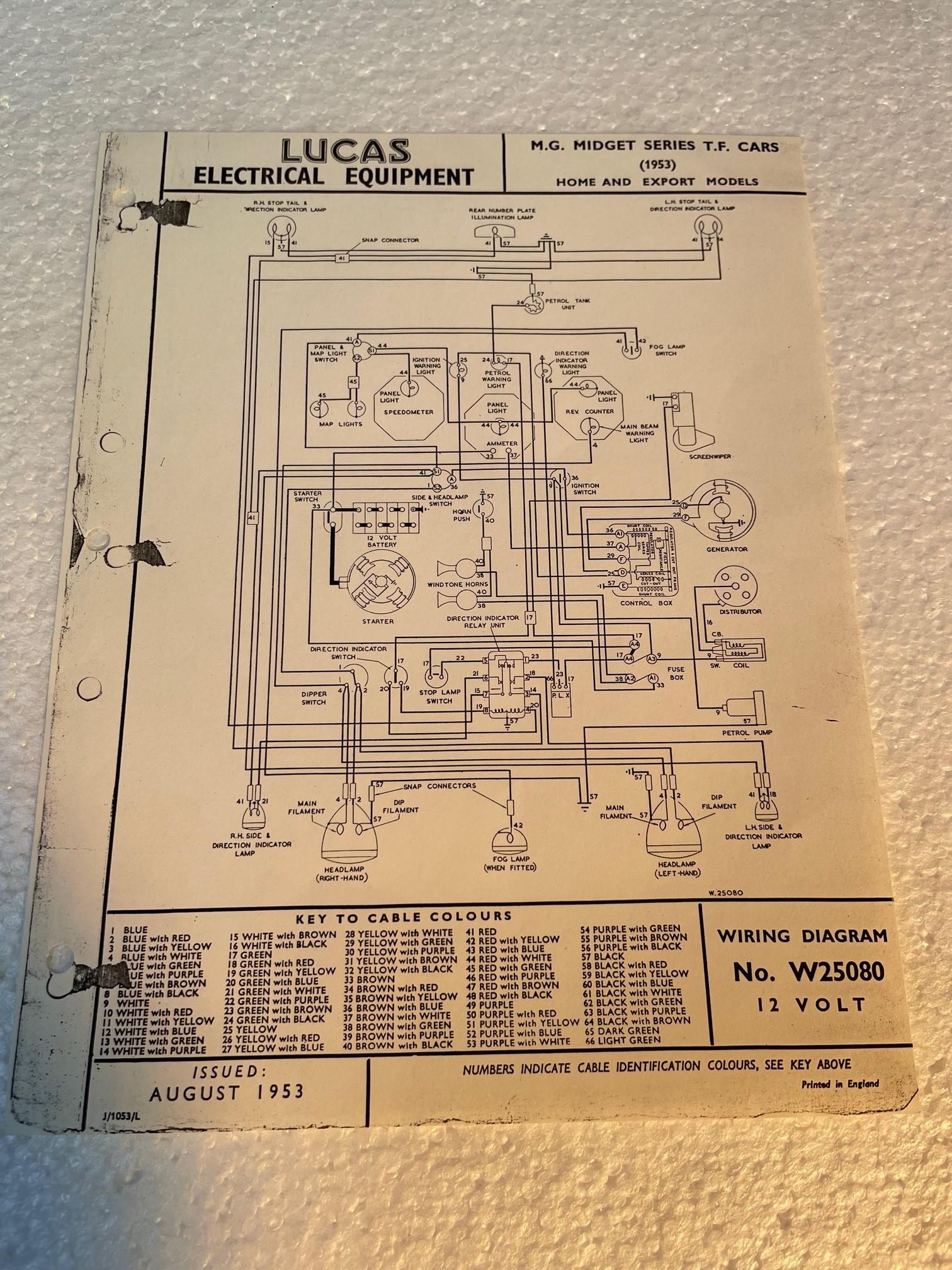 LUCAS WIRING DIAGRAM W25080 1953 MG MIDGET SERIES TF CARS