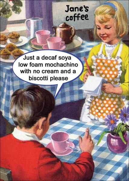 Just a decaf soya low foam mochachino with no cream and a biscoff biscuit please.