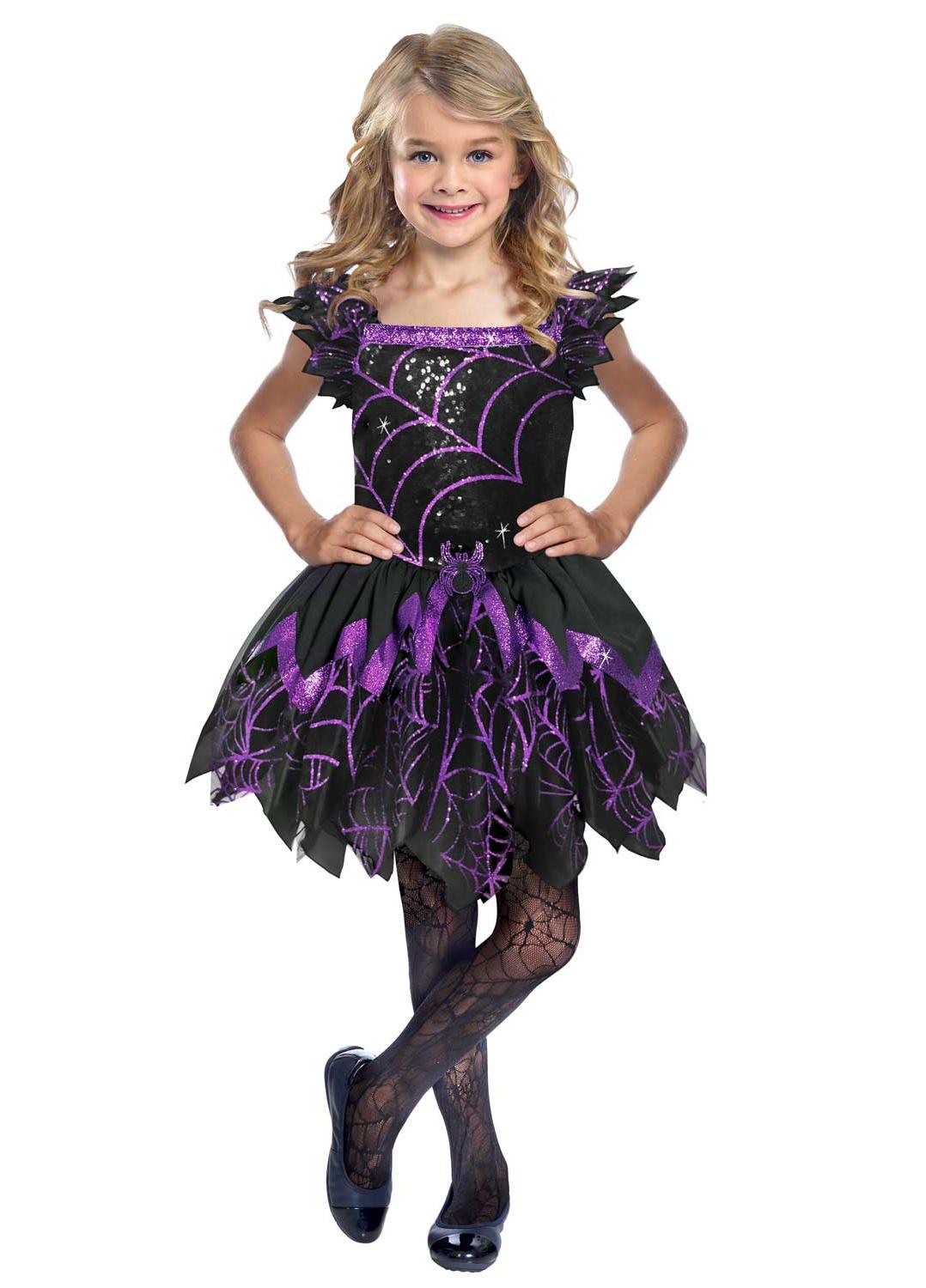 ชุดเดรสฮาโลวีนสำหรับเด็กผู้หญิง – ชุดเดรสสั้นทรงสเก็ตเตอร์ลายใยแมงมุมและหัวกะโหลก ขนาด 3-13 ปี