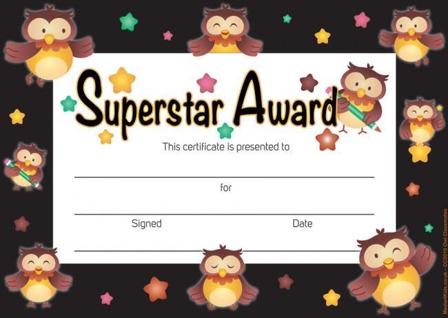 School Certificates | 30 x "Superstar Award" Owl Design, Teacher Award Certificates