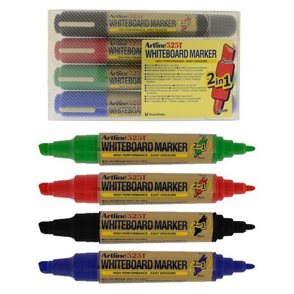 Whiteboard Markers | 4 Pen Pack, Professional Quality, Artline EK525T, 2-in-1 Dual Tip Markers
