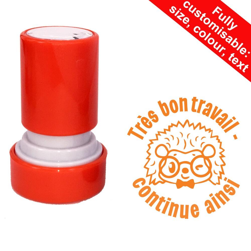 French School Stampers | Très bon travail - continue ainsi (Hérisson Mignon) French Teacher Stamp - 22mm