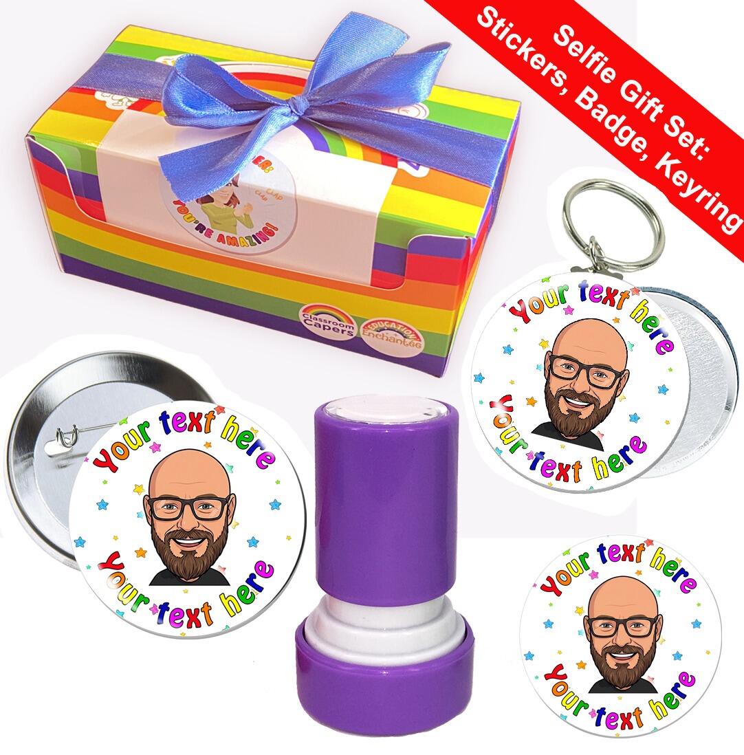 Personalised Selfie Teacher Gift Set | Custom Face Stamper, Stickers, Badge, Keyring. Stars Design