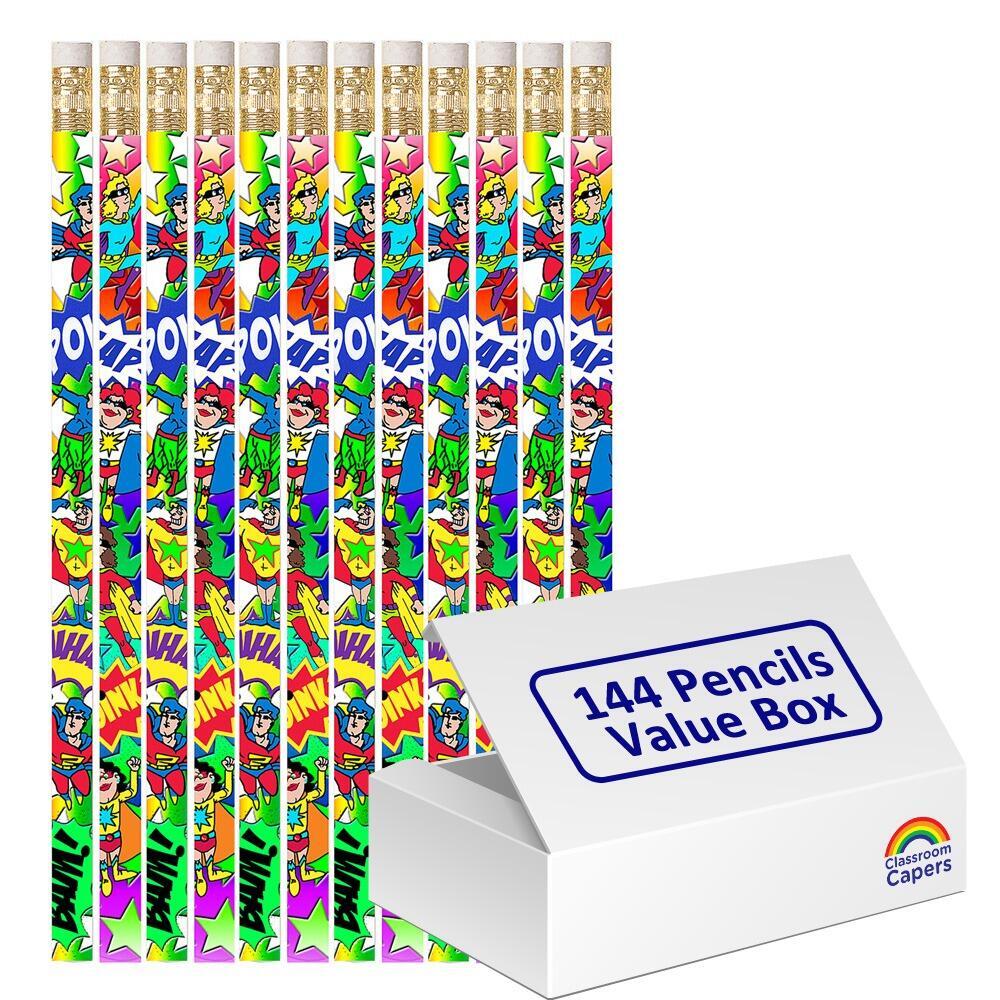 Bulk Kids Pencils | 144 Super-Duper Superhero HB Pencils. Great Low Cost, Practical Class Gifts