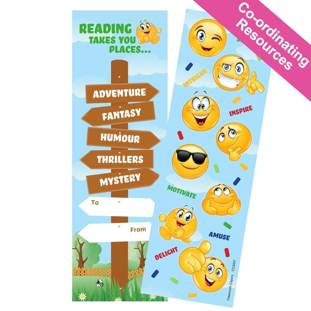Reading Incentives | Reading Takes You Places Great Value Bookmarks. Emoji Design x 36 Class Pack
