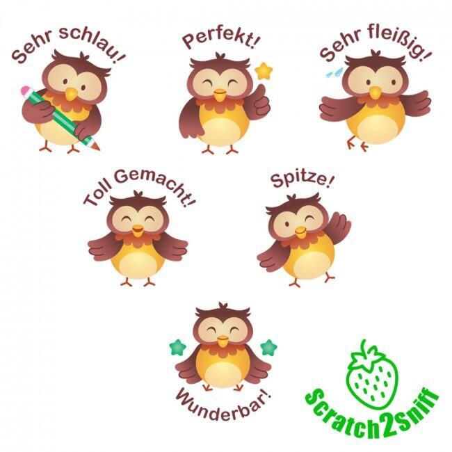 Scented Stickers | 90 Owl Design, Strawberry Scent, Smelly German Reward Stickers for Teachers